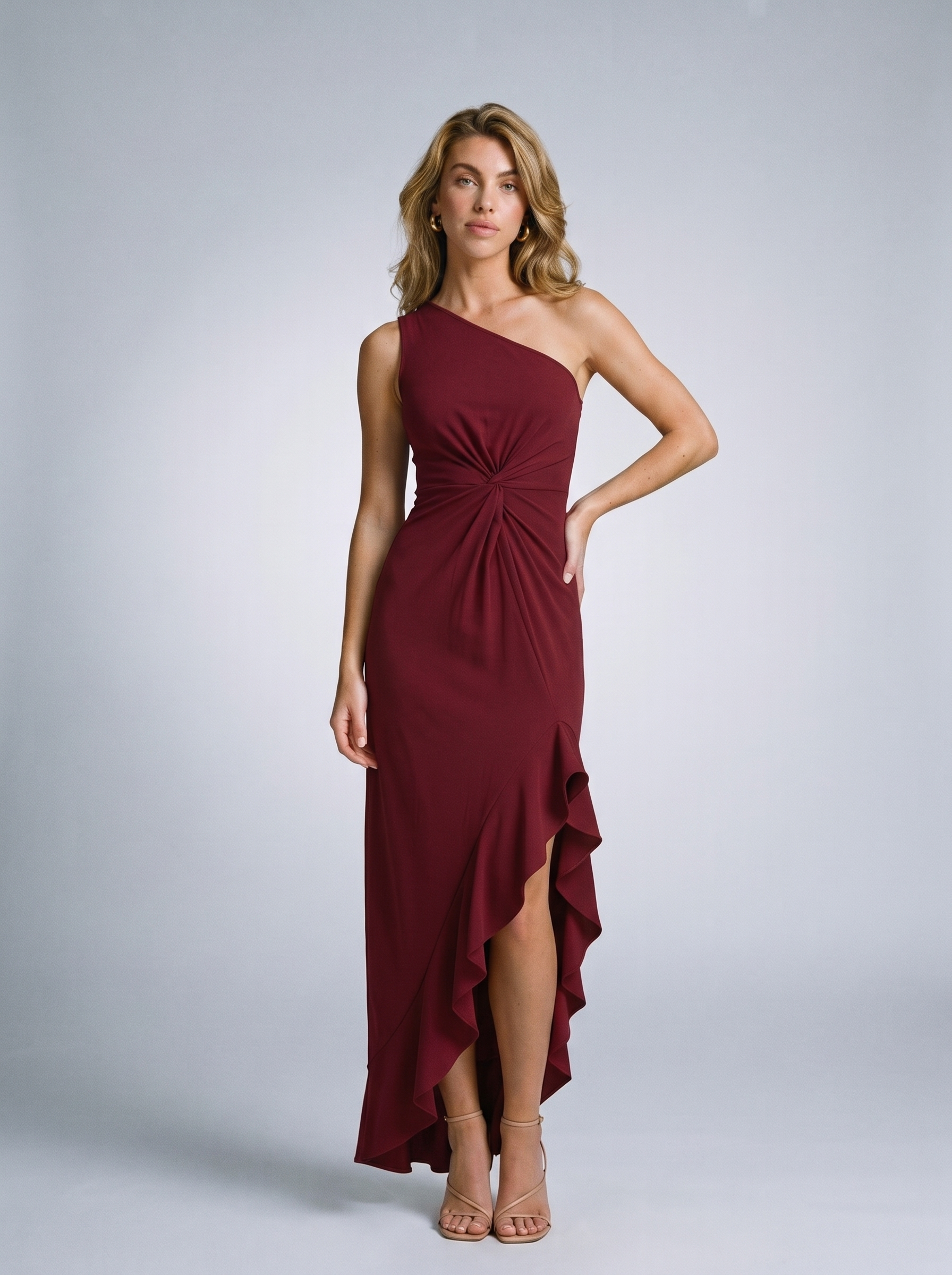 Fiamma One-Shoulder Ruffle Gown, front view