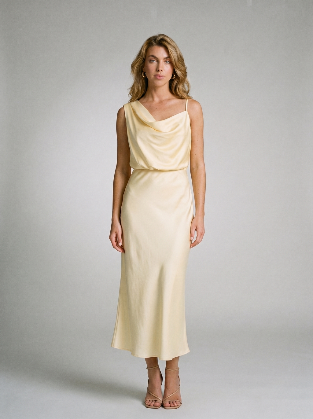 Rosetta — Satin Asymmetrical Midi Dress, front view