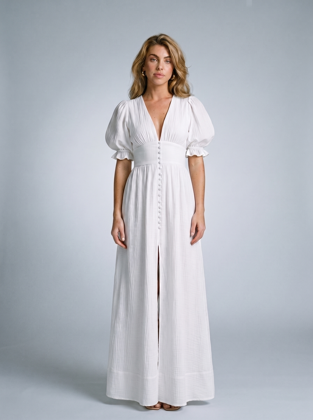 Rosalia — Slit Puff Sleeve Maxi Dress, front view