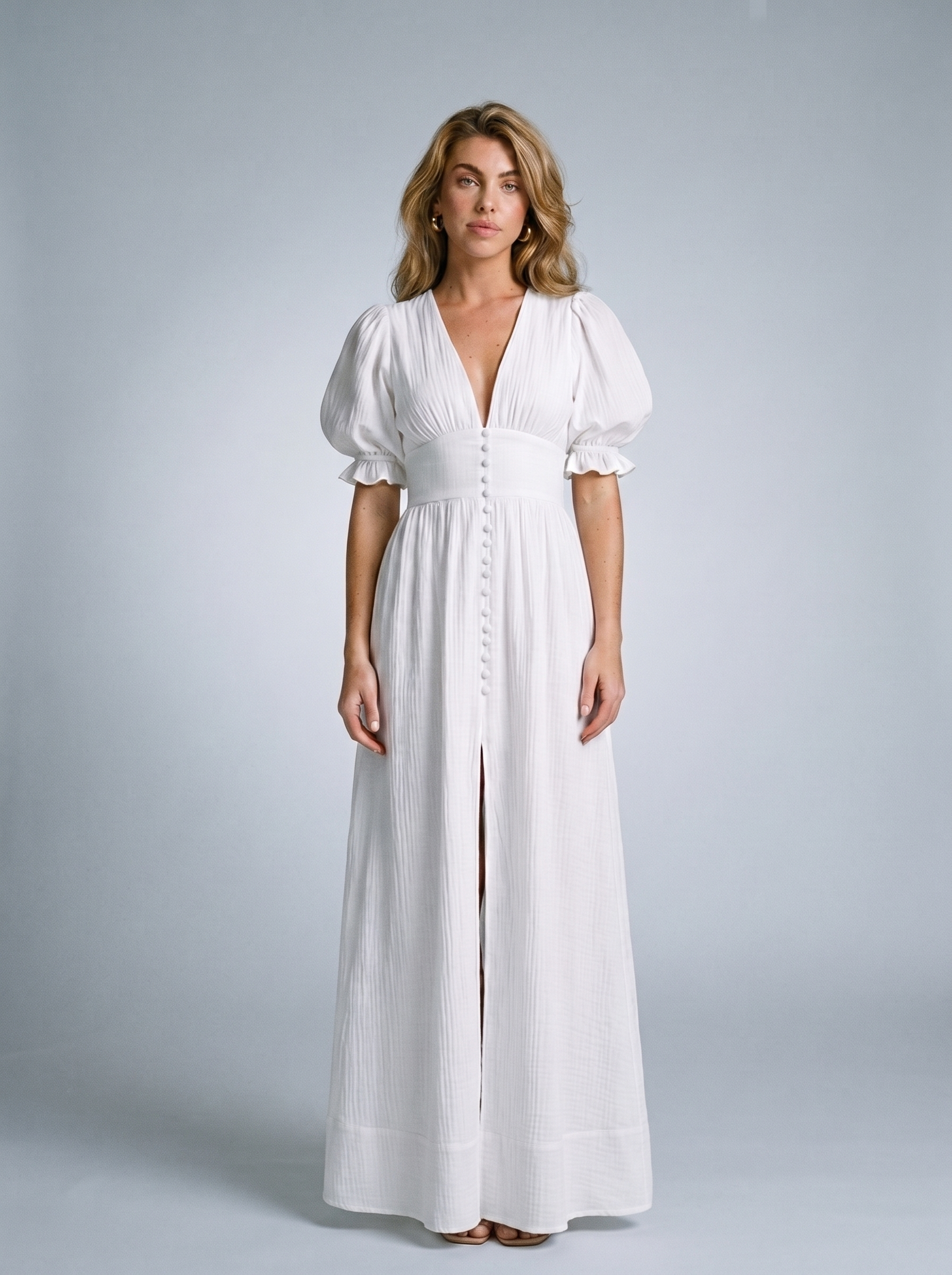 Rosalia — Slit Puff Sleeve Maxi Dress, front view