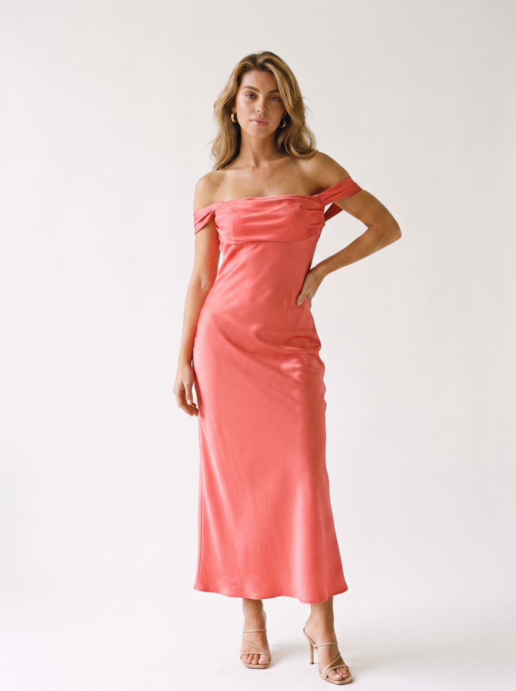 Marisol Off-Shoulder Satin Maxi, front view