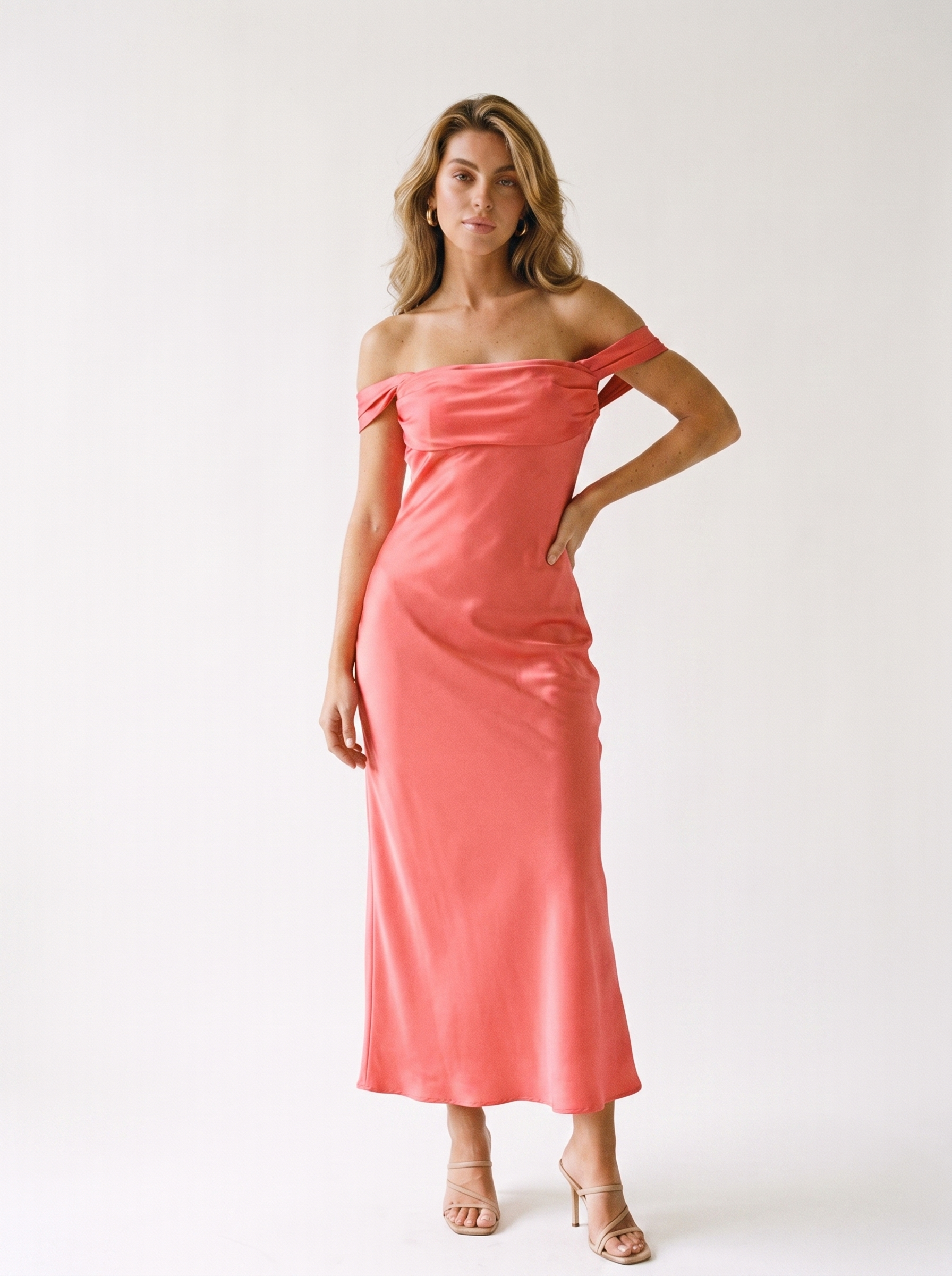 Marisol Off-Shoulder Satin Maxi, front view
