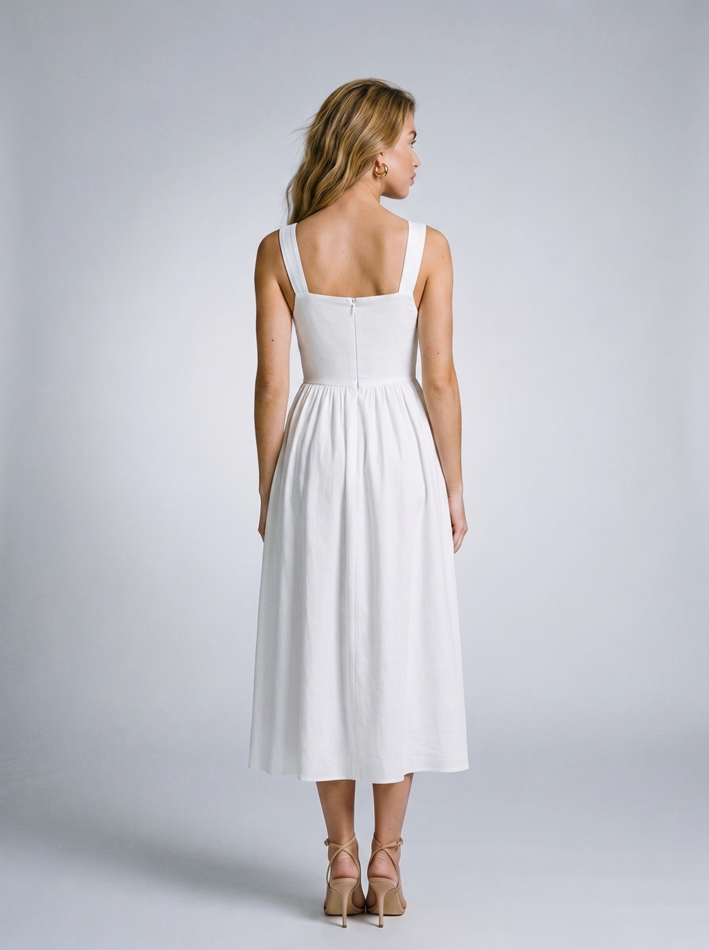 Elettra — Ruched Sweetheart Neck Midi Dress, back view