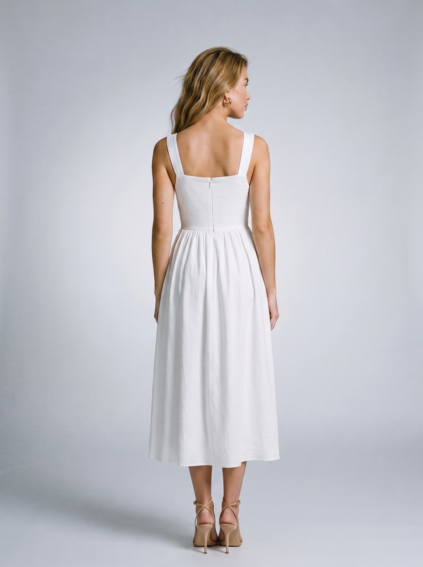 Elettra — Ruched Sweetheart Neck Midi Dress, back view
