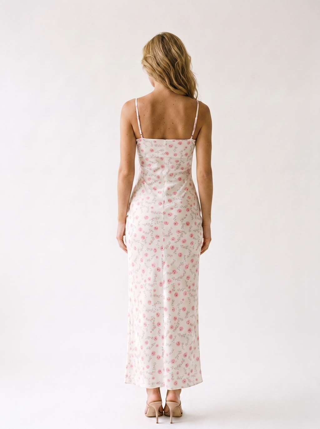 Vernazza Floral Print Spaghetti Strap Midi Dress, back view on model