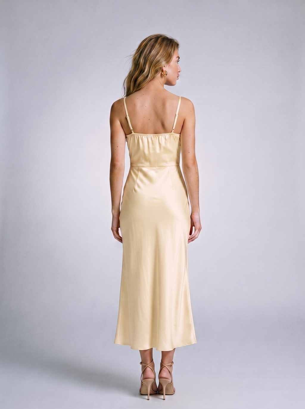 Rosetta — Satin Asymmetrical Midi Dress, back view