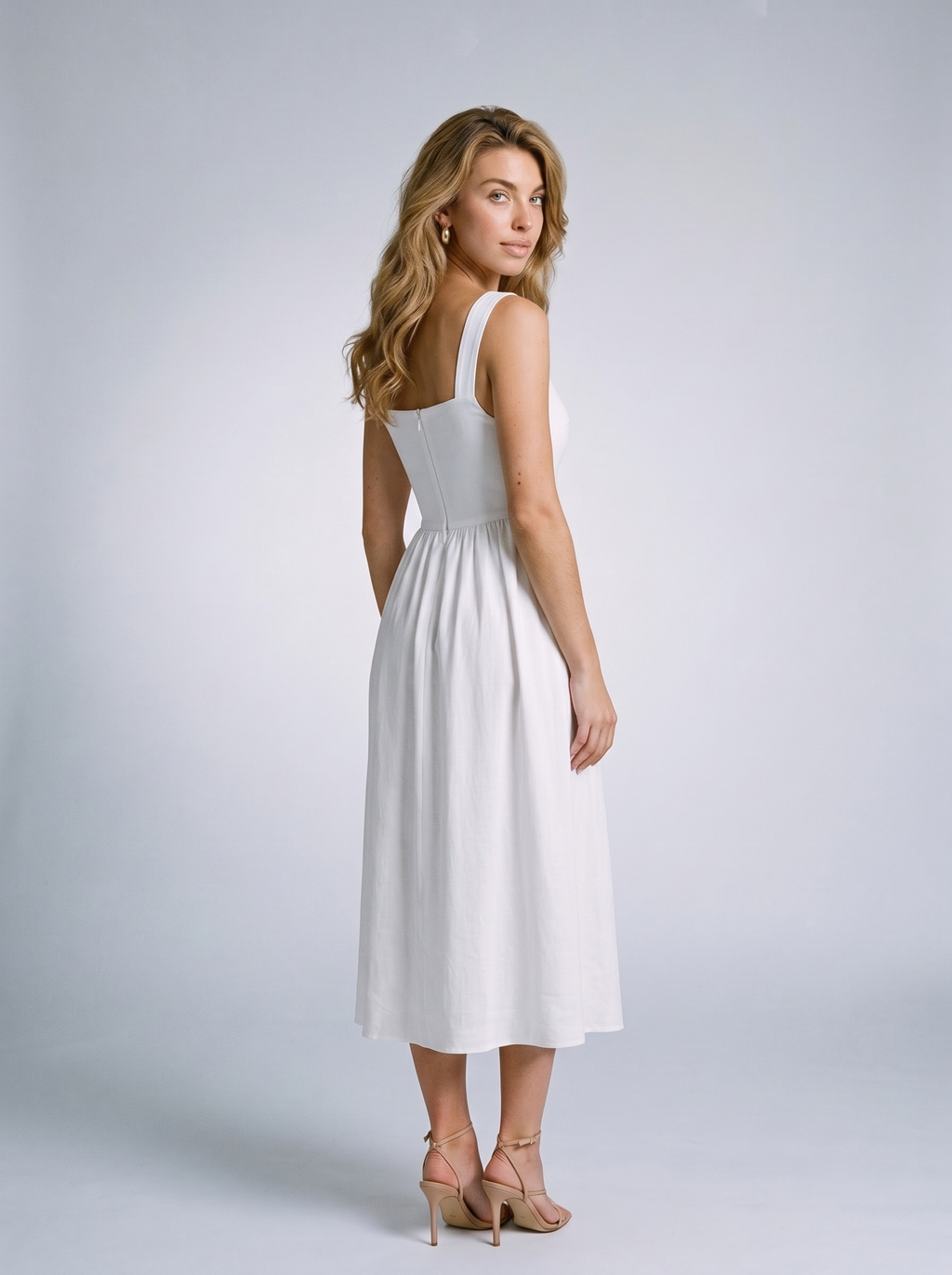 Elettra — Ruched Sweetheart Neck Midi Dress, back view, glancing over shoulder