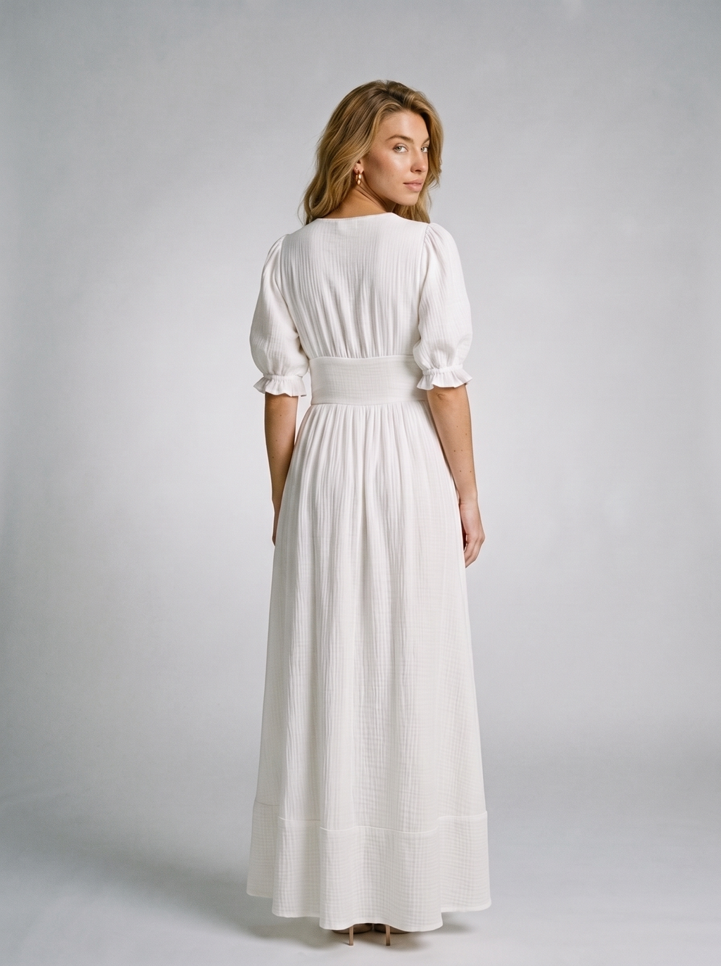 Rosalia — Slit Puff Sleeve Maxi Dress, back view, glancing over shoulder