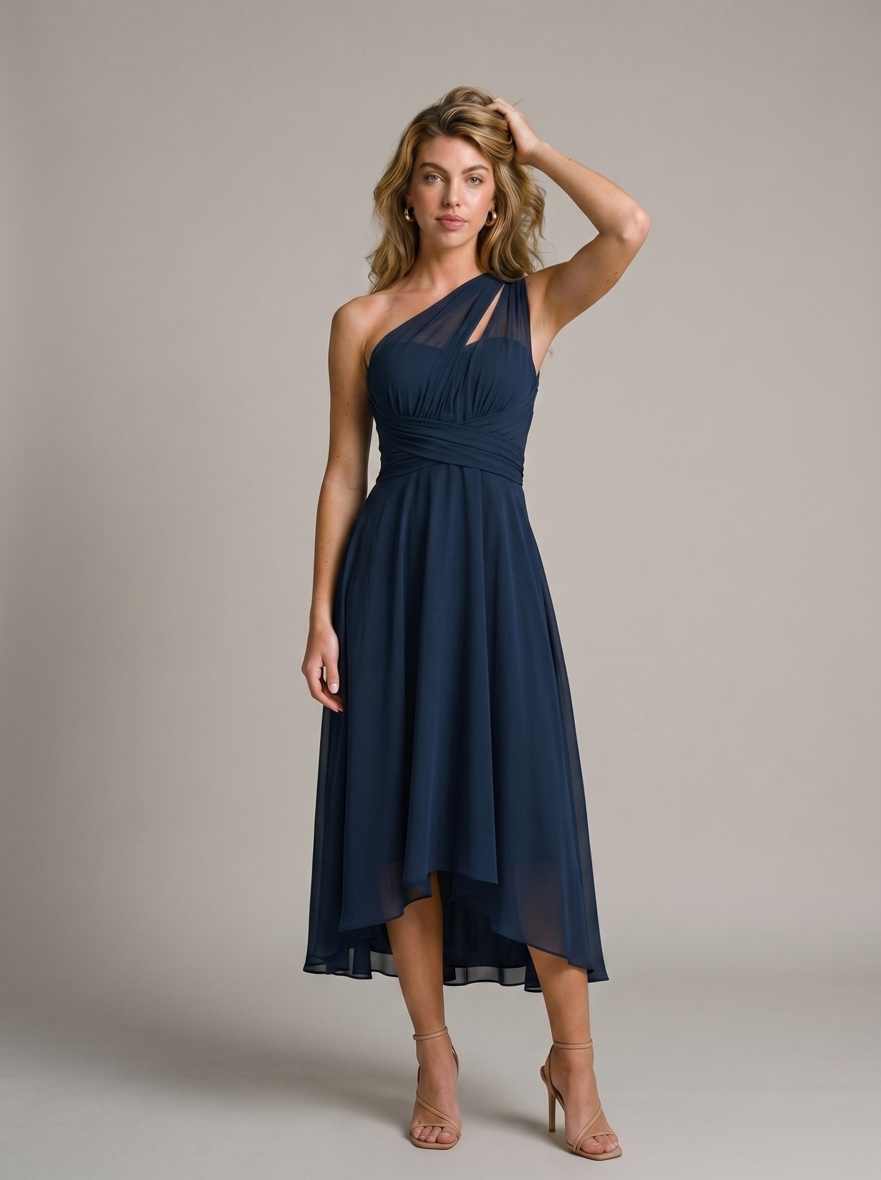 Marina — Ruched A-Line Midi Dress, front view, hands in hair