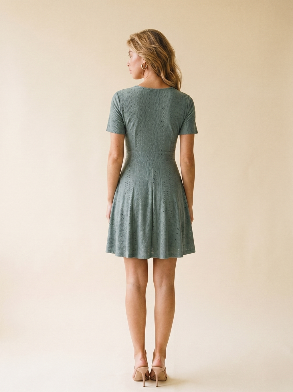 Matera Eyelet Short Sleeve Mini Dress, back view on model