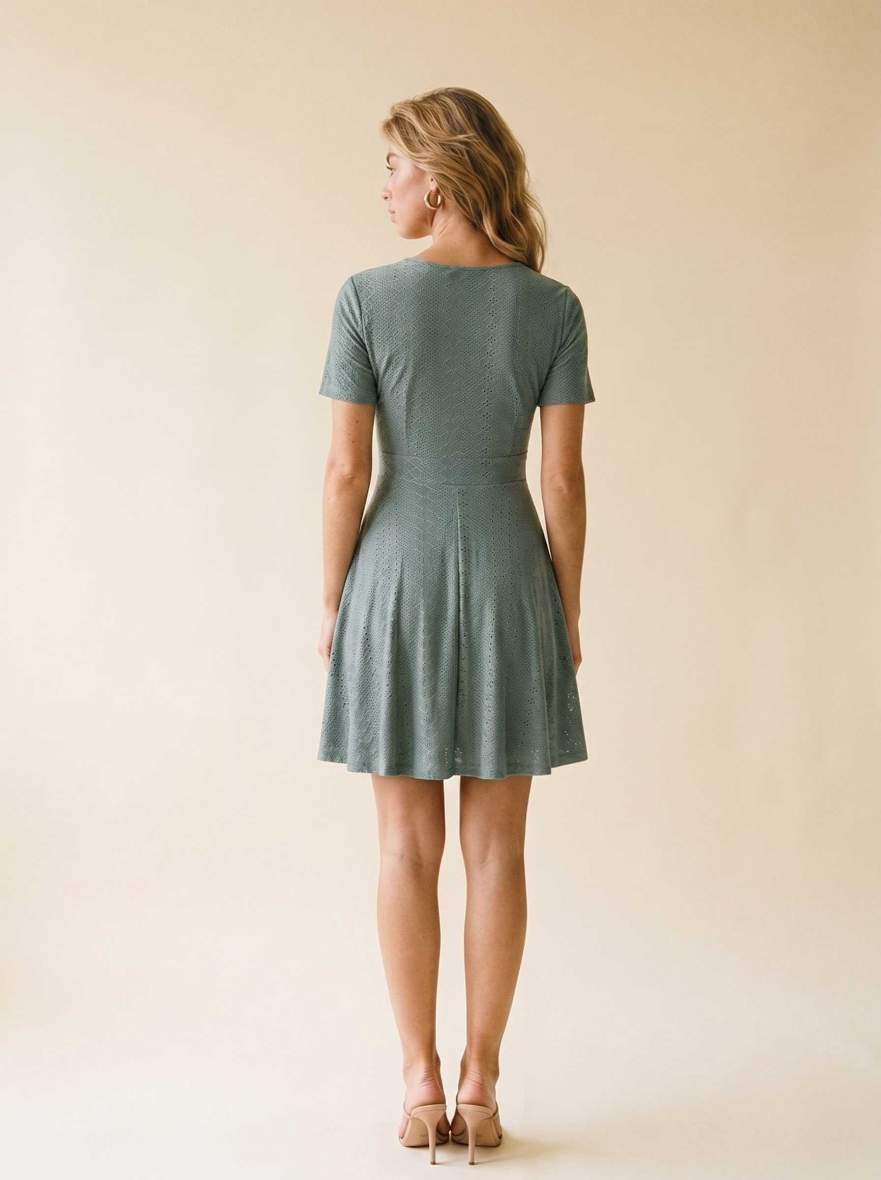 Matera Eyelet Short Sleeve Mini Dress, back view on model
