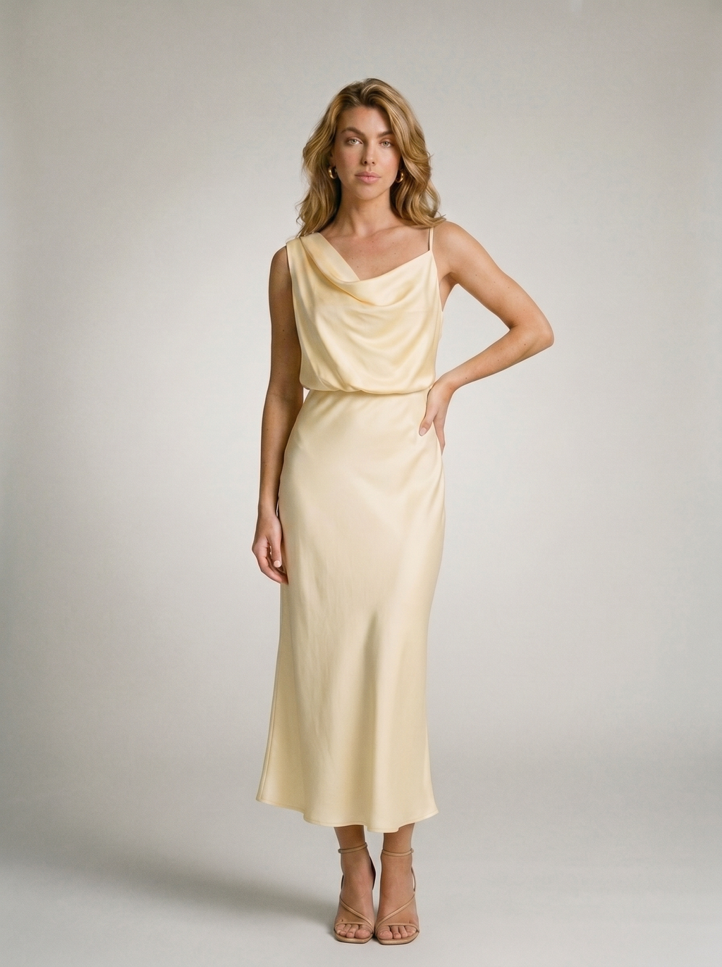 Rosetta — Satin Asymmetrical Midi Dress, front view, hand on hip