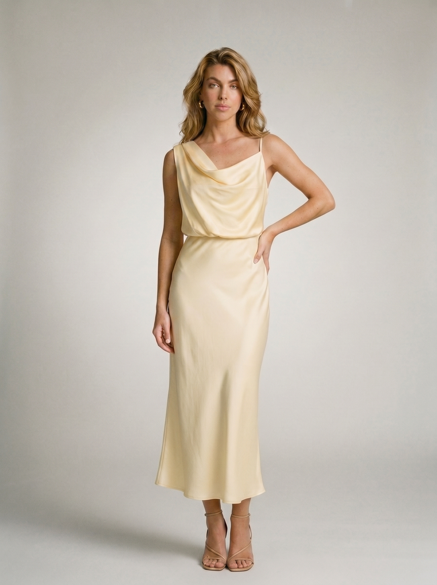 Rosetta — Satin Asymmetrical Midi Dress, front view, hand on hip