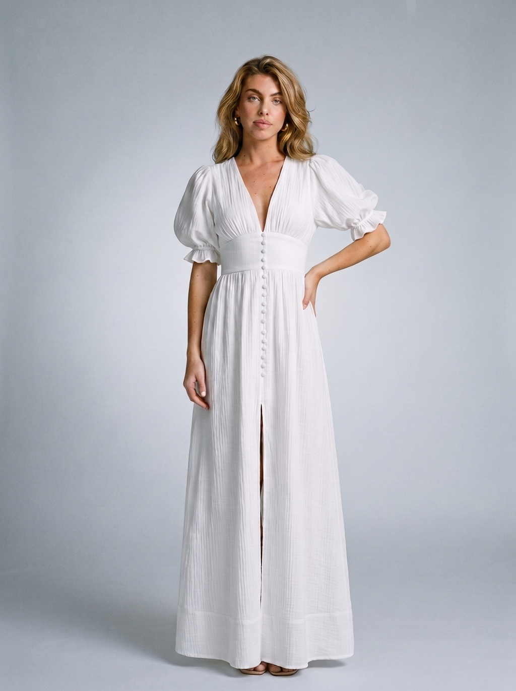 Rosalia — Slit Puff Sleeve Maxi Dress, front view, hand on hip