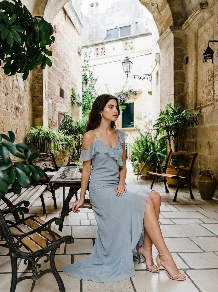 Procida — HYFVE Chiffon Ruffle Trim Midi Dress, lifestyle