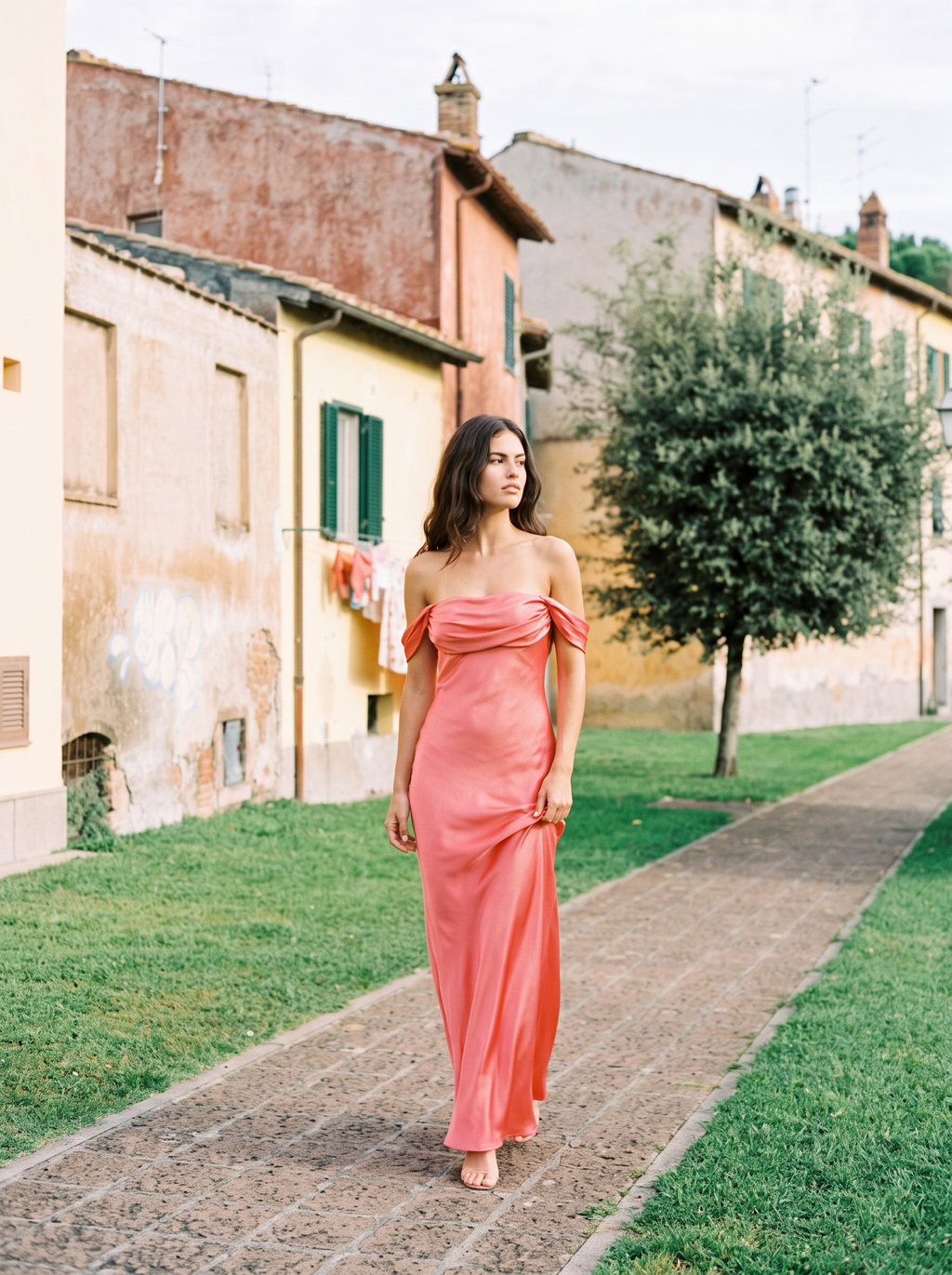 Marisol Off-Shoulder Satin Maxi, styled on location