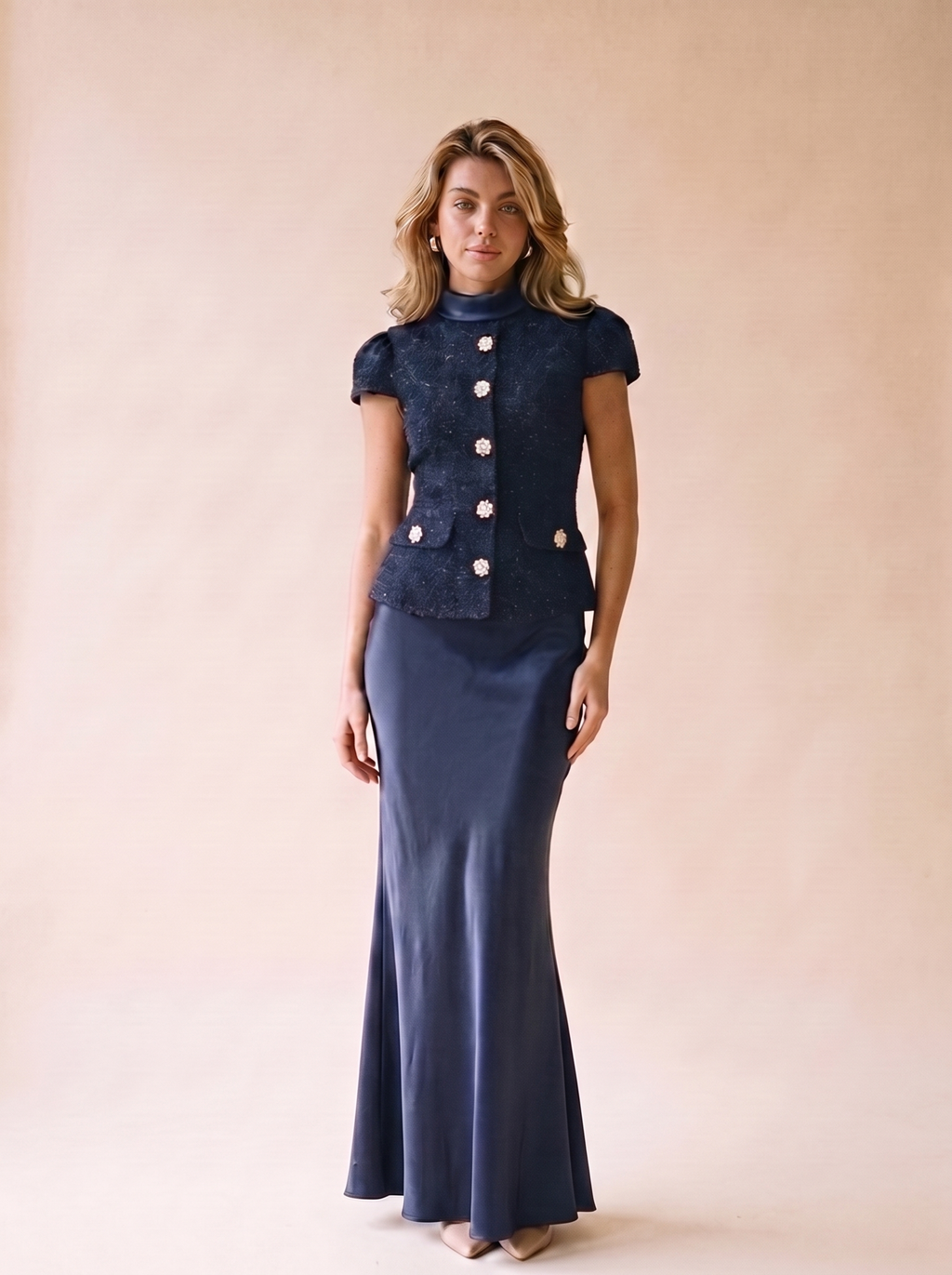 Allegra Tweed Jacket and Satin Skirt Set, front view on model