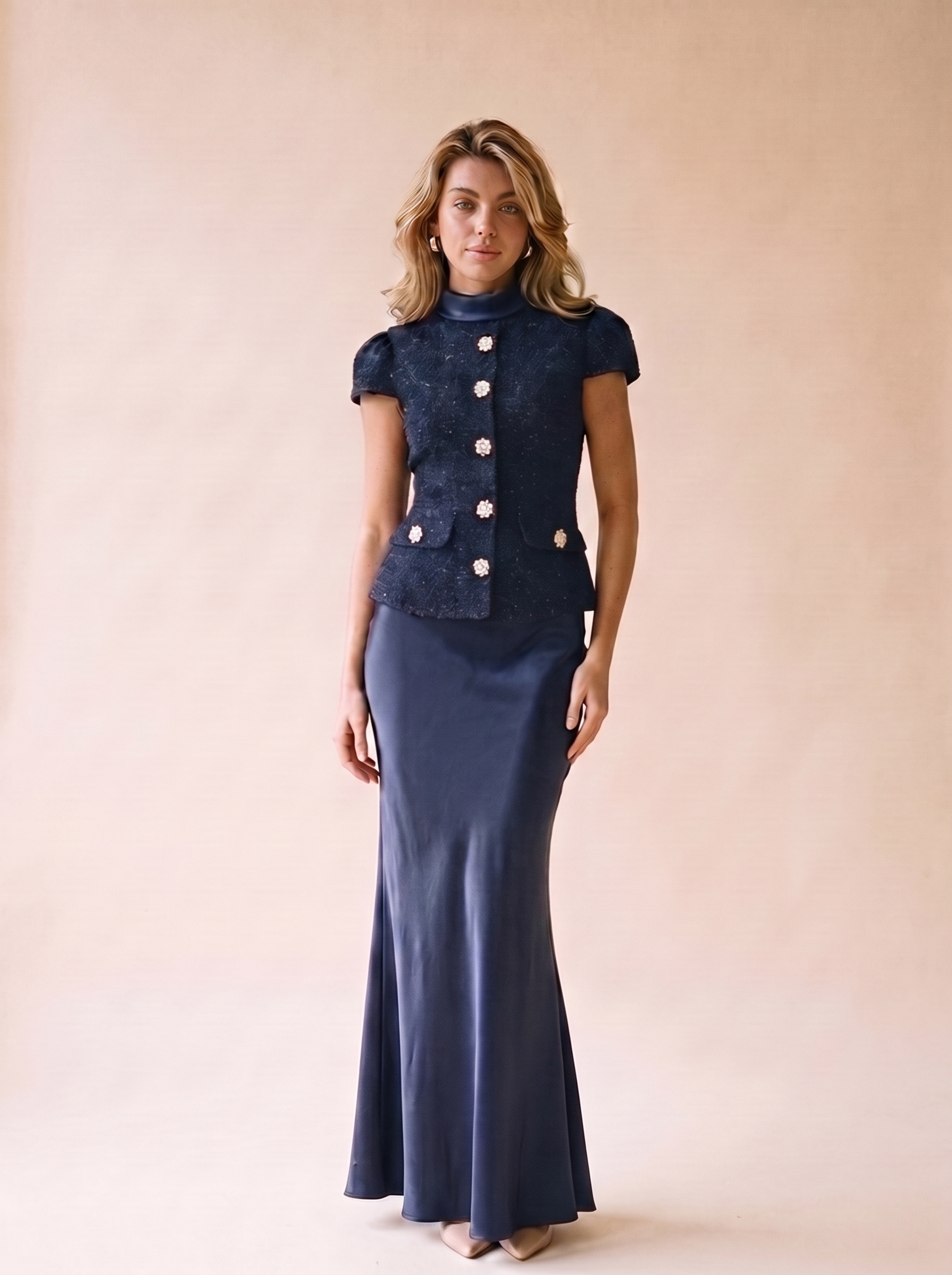 Allegra Tweed Jacket and Satin Skirt Set, front view on model