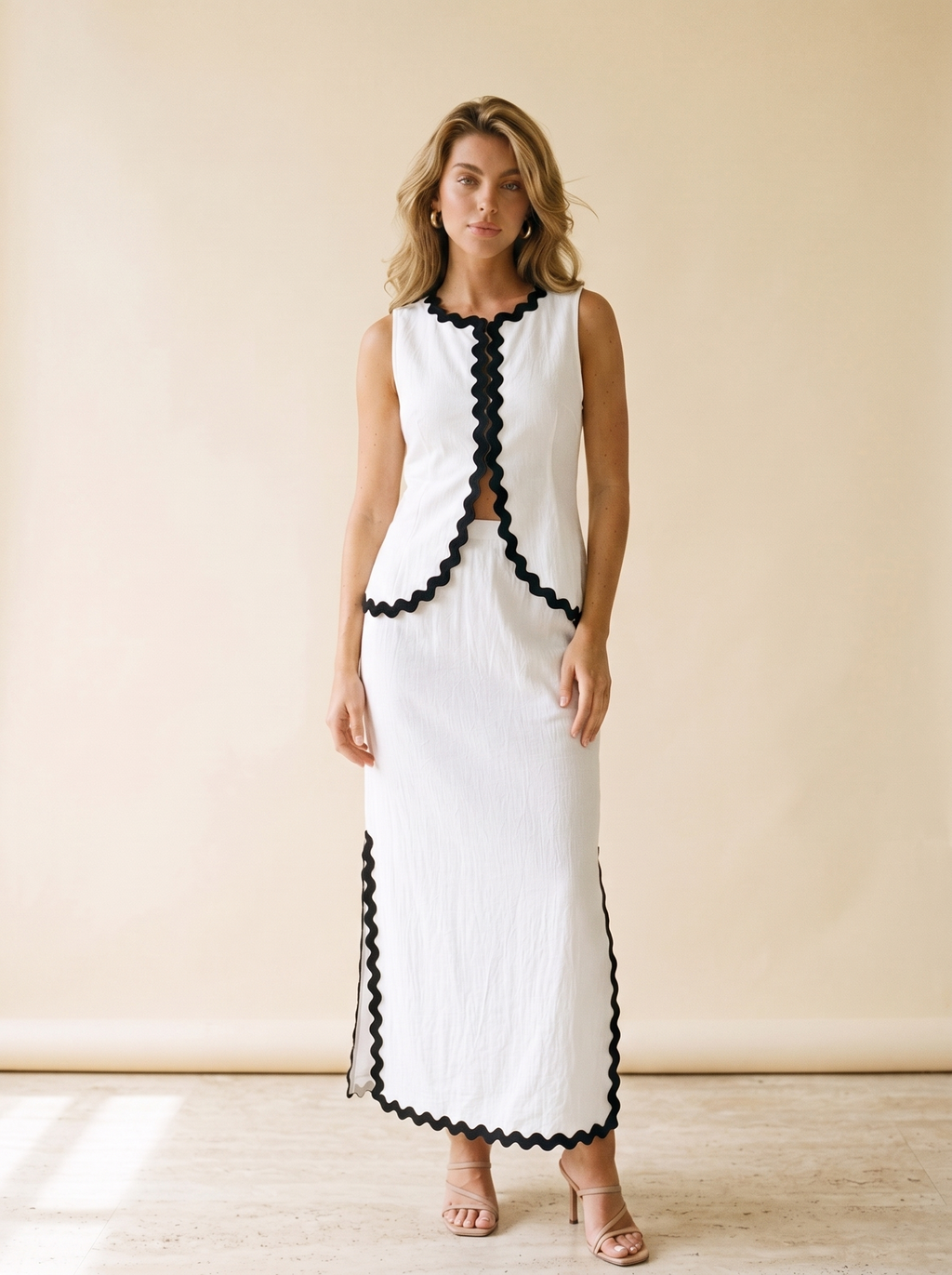 Savona Contrast Scalloped Trim Sleeveless Top and Skirt Set, front view on model