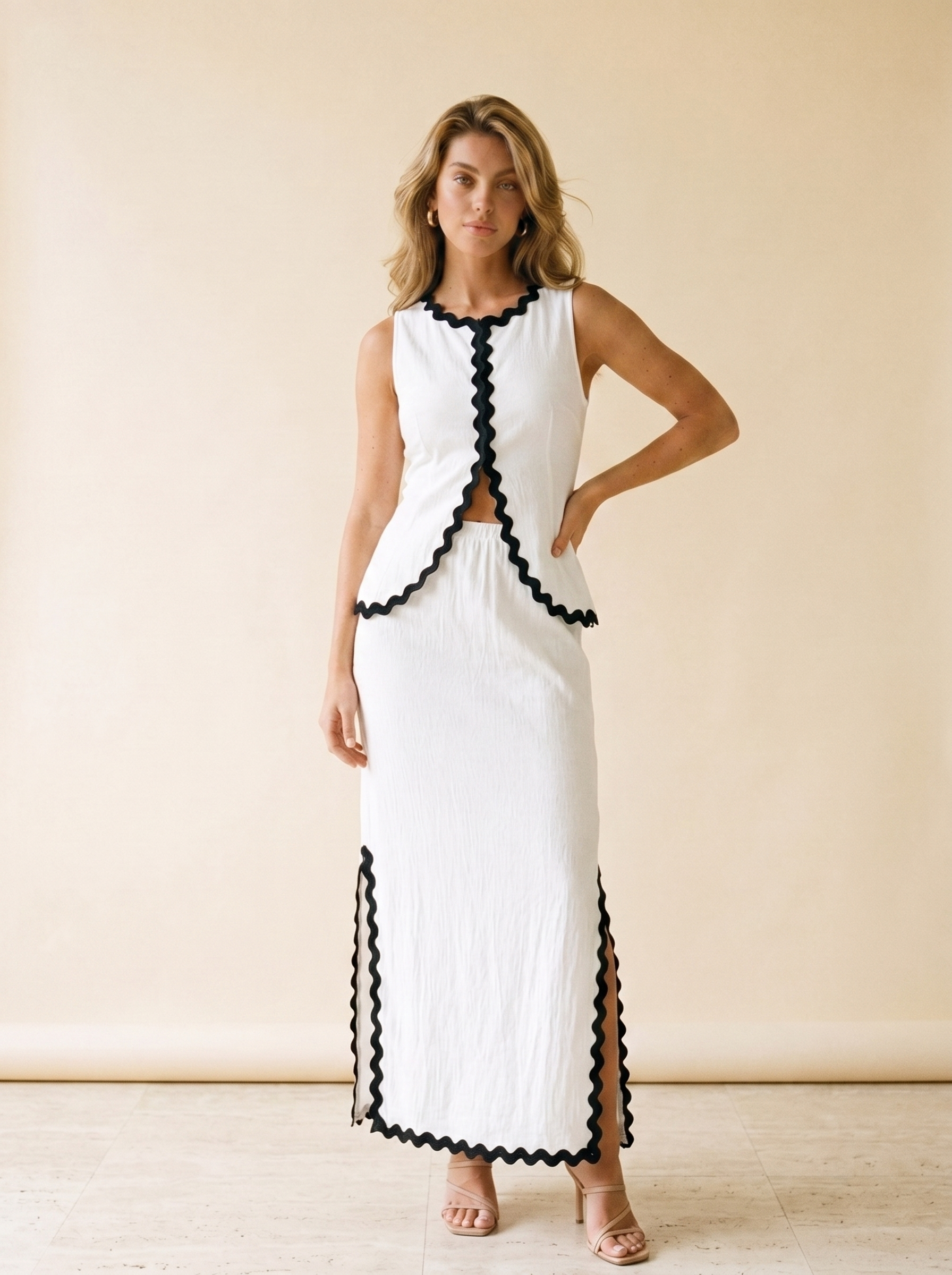Savona Contrast Scalloped Trim Sleeveless Top and Skirt Set, front view on model