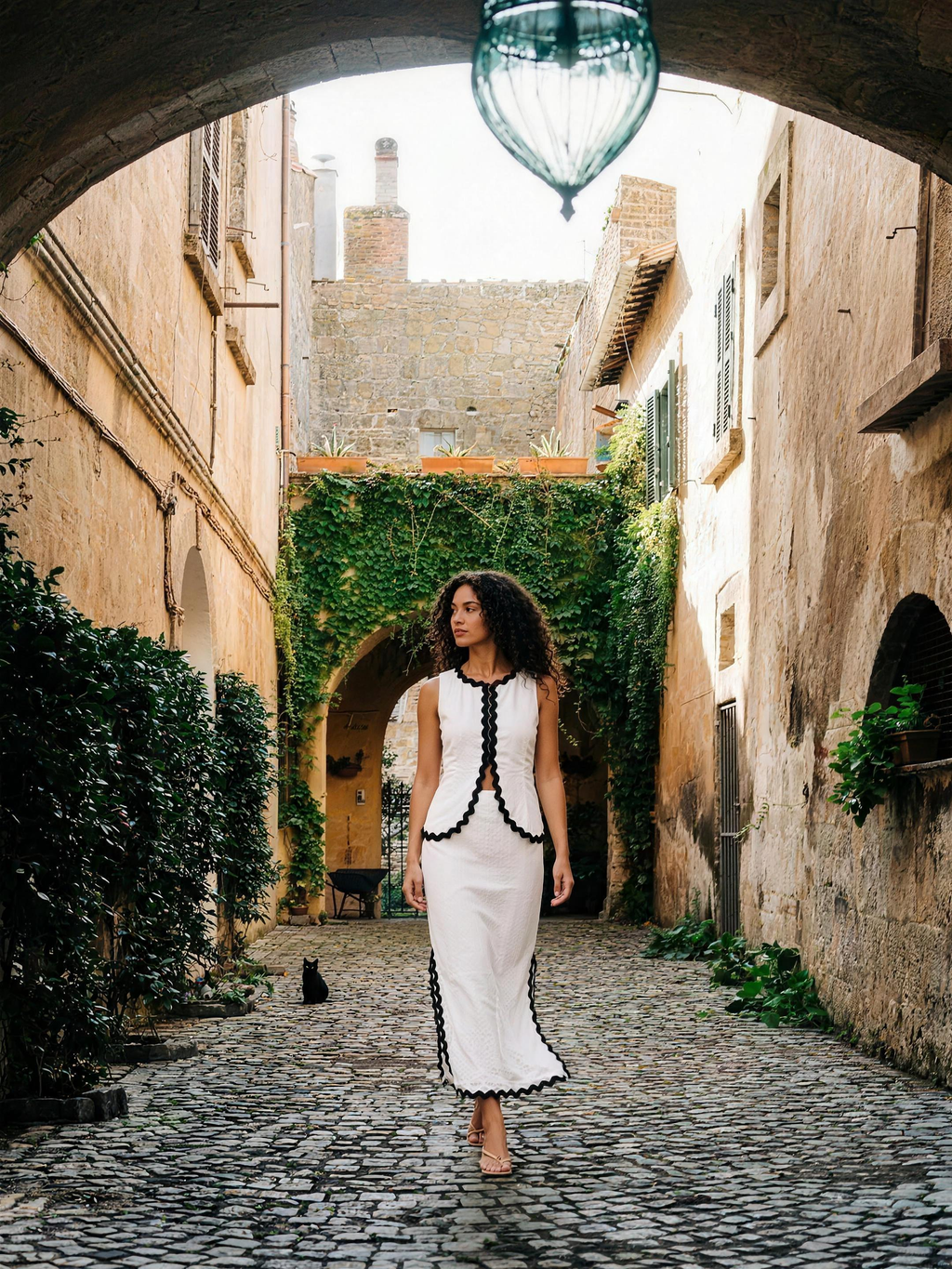 Savona Contrast Scalloped Trim Sleeveless Top and Skirt Set, styled lifestyle look