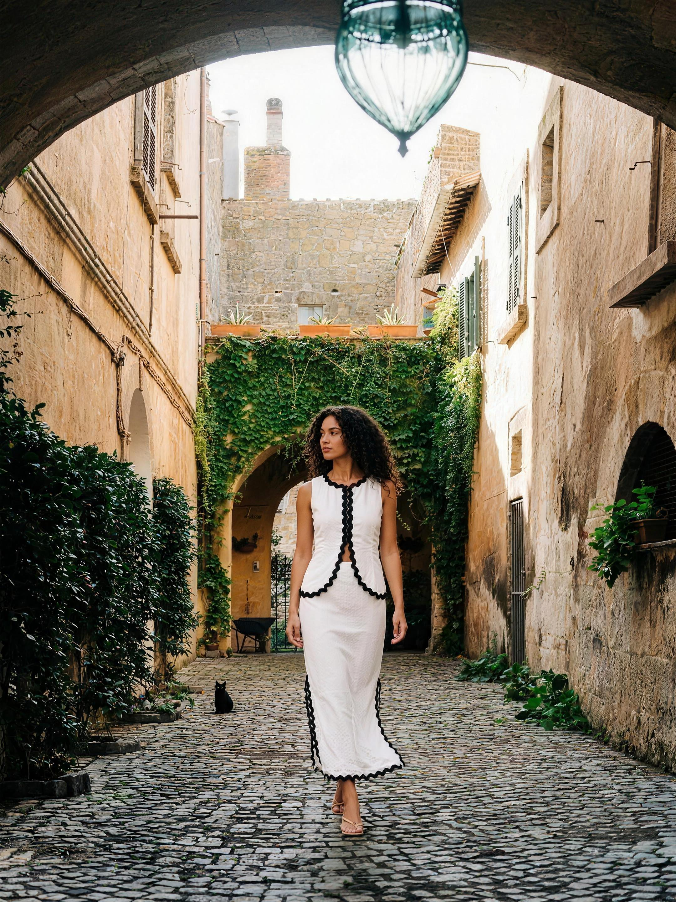 Savona Contrast Scalloped Trim Sleeveless Top and Skirt Set, styled lifestyle look