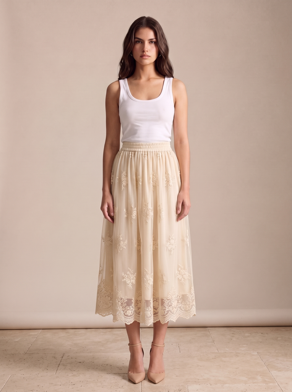 Camilla — Embroidered Mesh Overlay Flowy Midi Skirt, front view