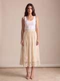 Camilla — Embroidered Mesh Overlay Flowy Midi Skirt, front view