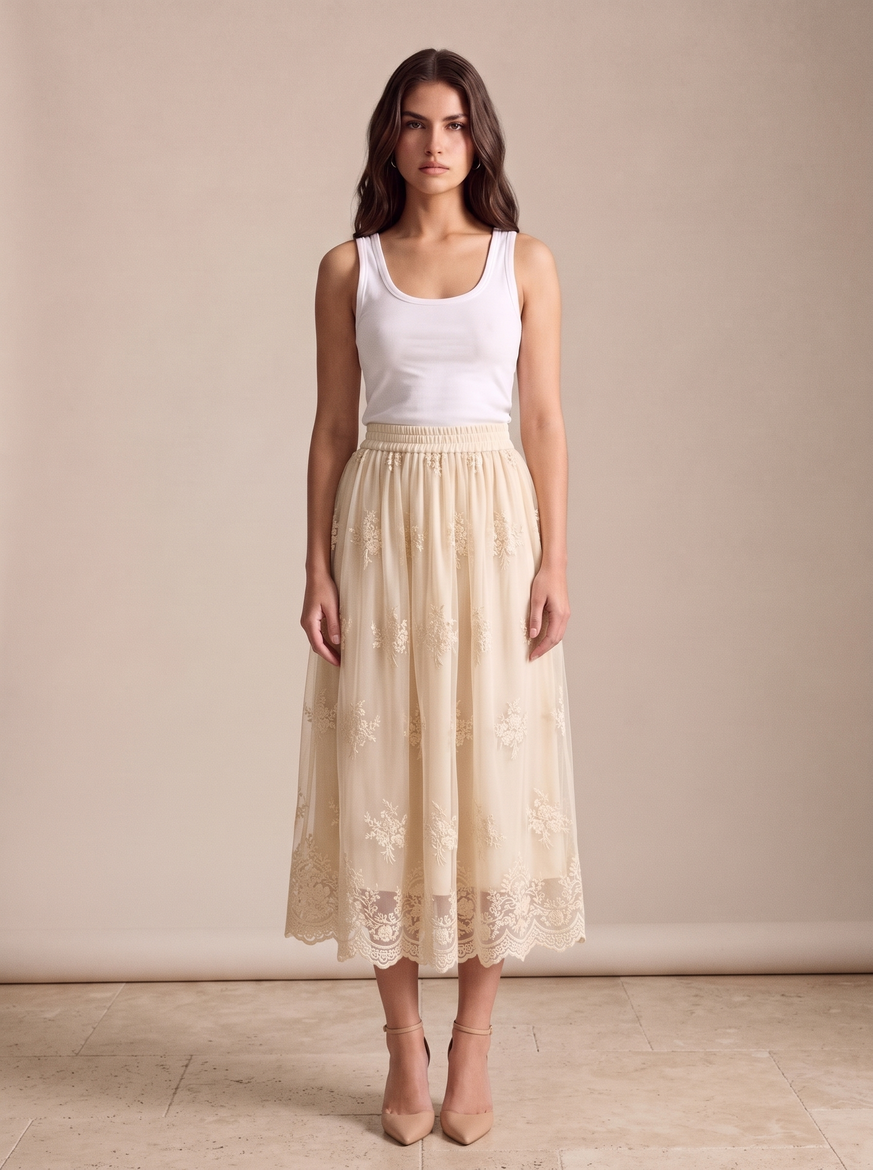 Camilla — Embroidered Mesh Overlay Flowy Midi Skirt, front view