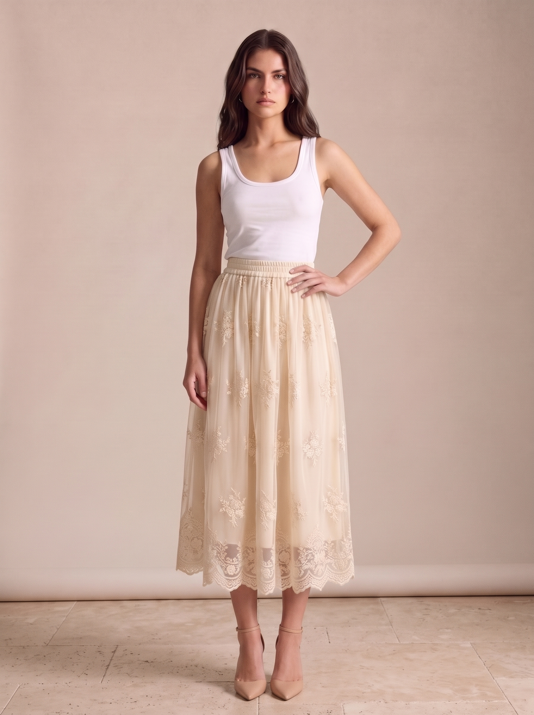 Camilla — Embroidered Mesh Overlay Flowy Midi Skirt, view