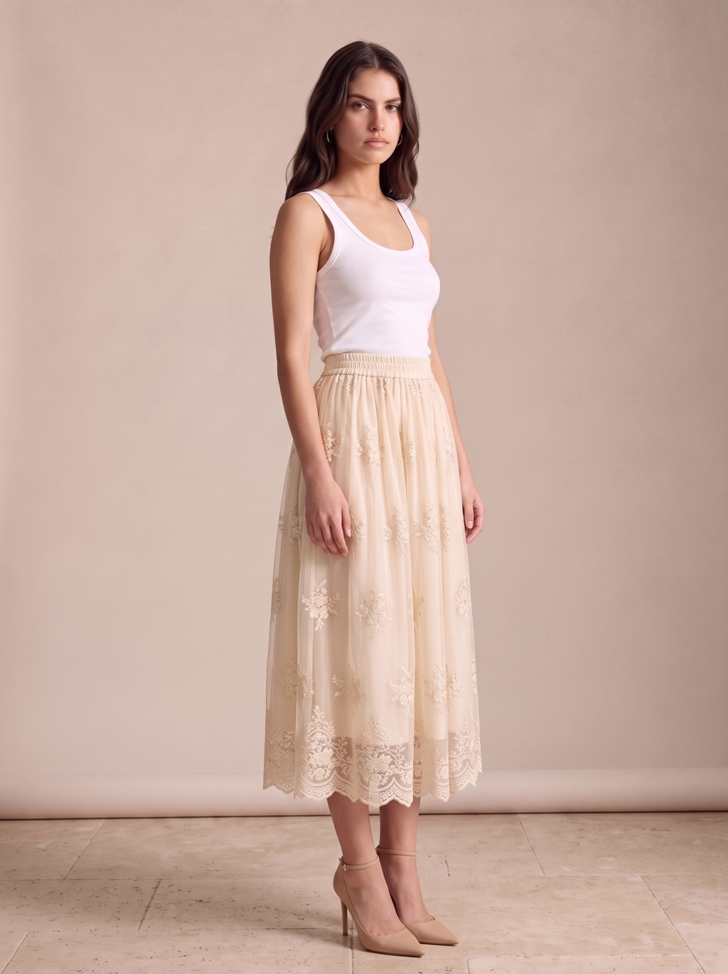 Camilla — Embroidered Mesh Overlay Flowy Midi Skirt, three-quarter view