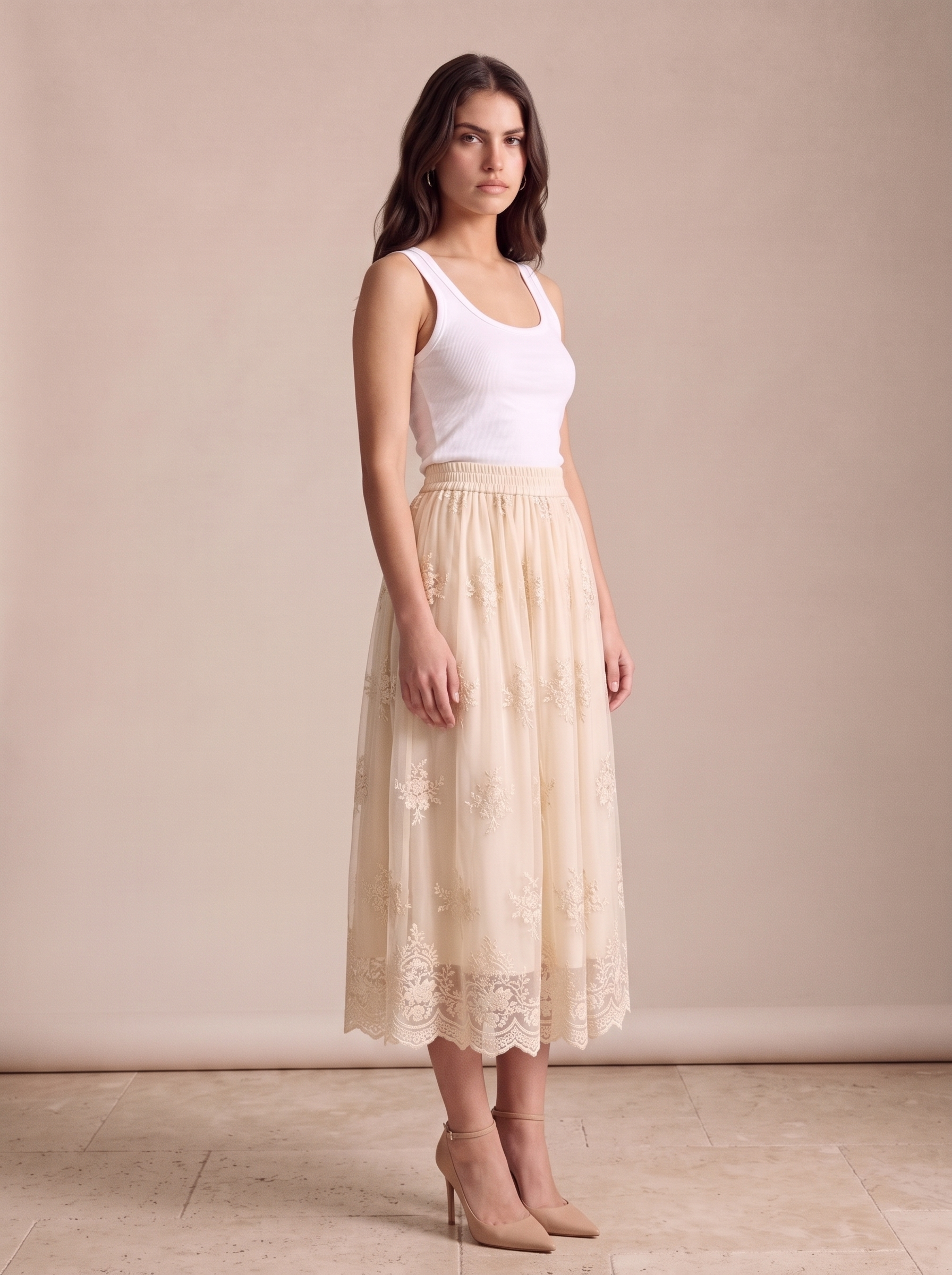 Camilla — Embroidered Mesh Overlay Flowy Midi Skirt, three-quarter view