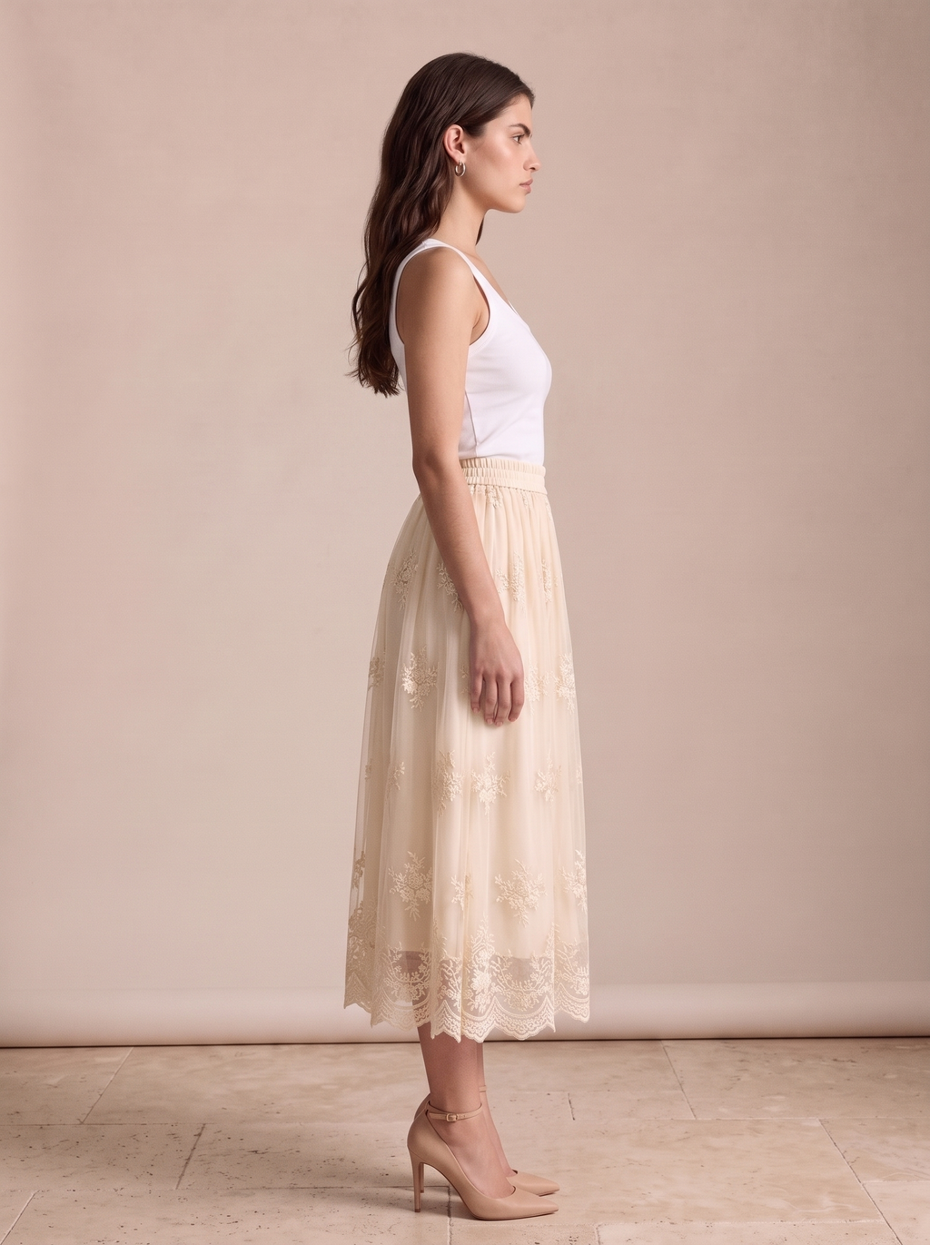 Camilla — Embroidered Mesh Overlay Flowy Midi Skirt, side view