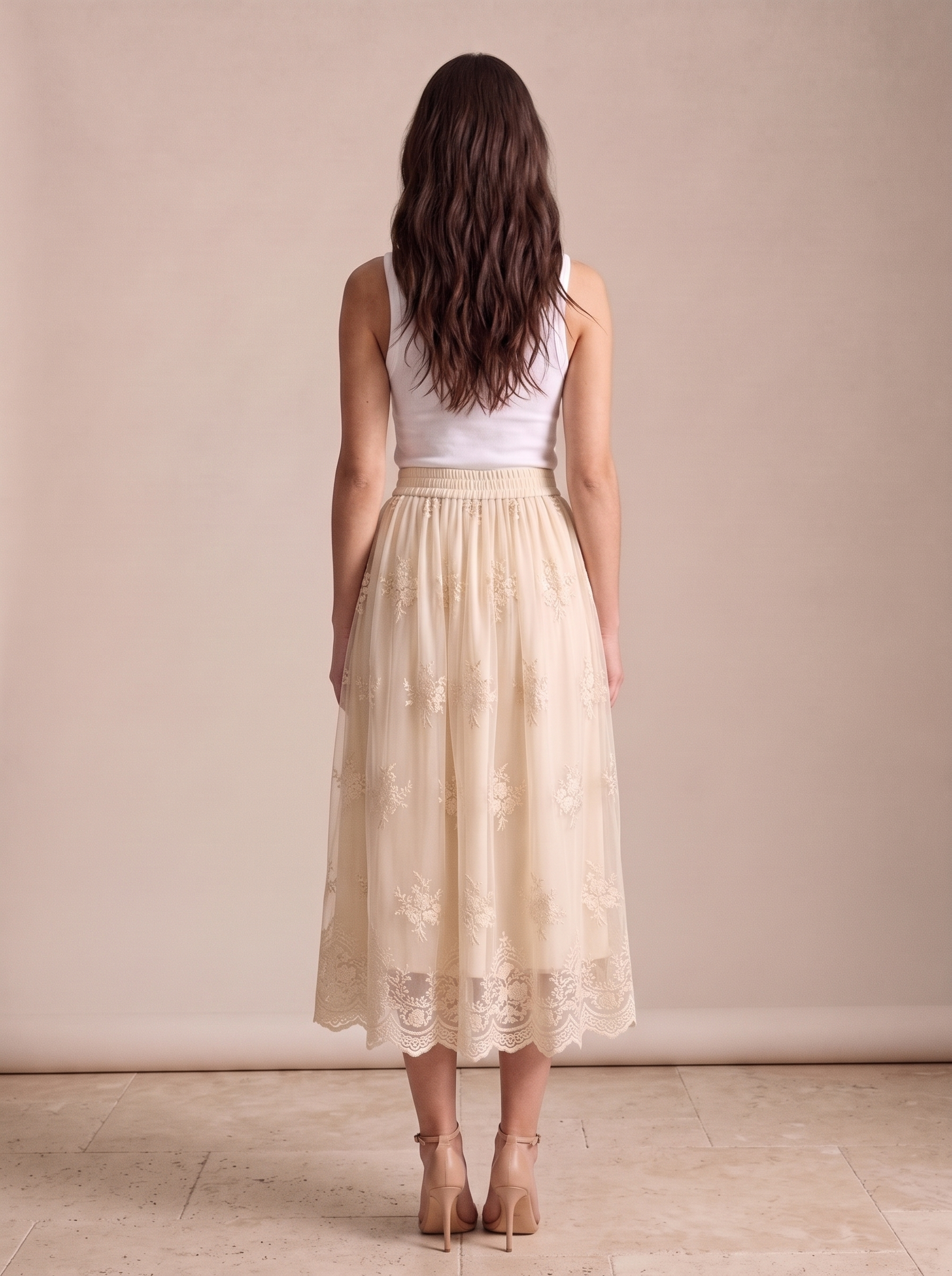 Camilla — Embroidered Mesh Overlay Flowy Midi Skirt, back view