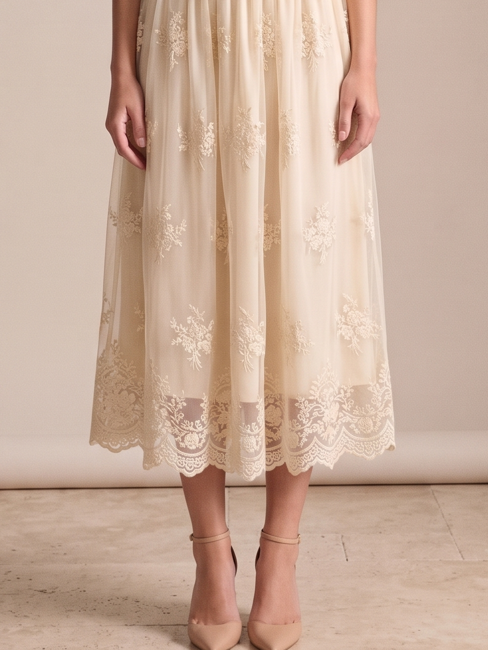 Camilla — Embroidered Mesh Overlay Flowy Midi Skirt, fabric detail