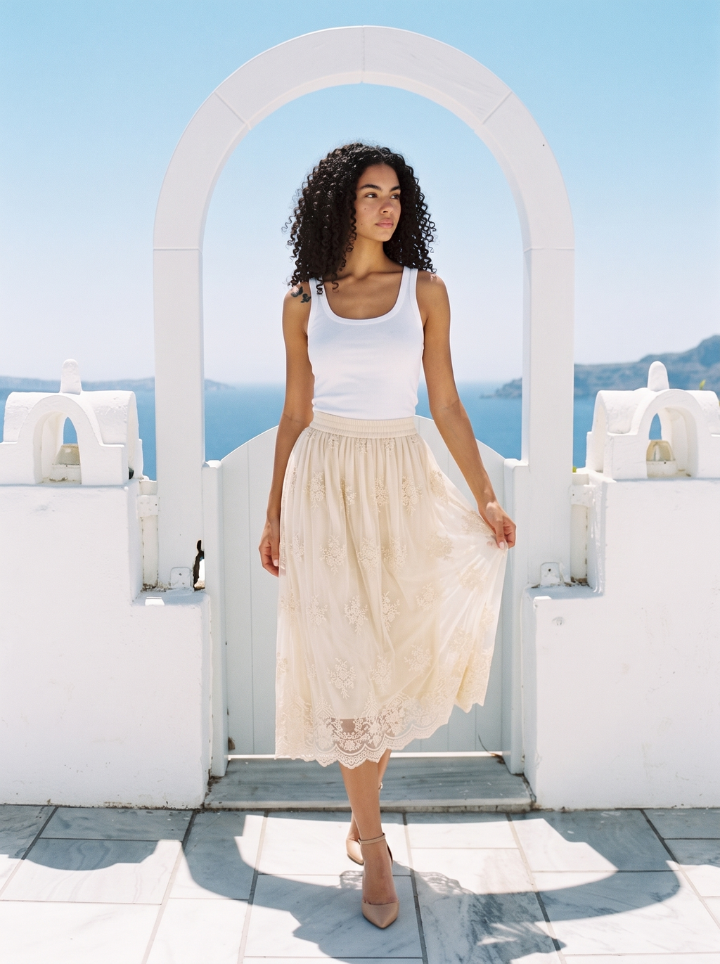 Camilla — Embroidered Mesh Overlay Flowy Midi Skirt, lifestyle