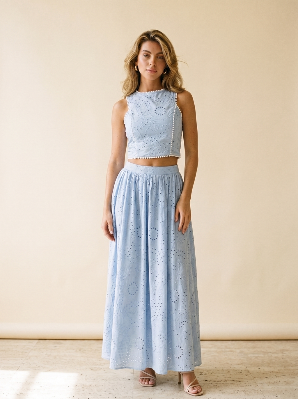 Bellagio Eyelet Crop Top and Maxi Skirt Set, front view on model
