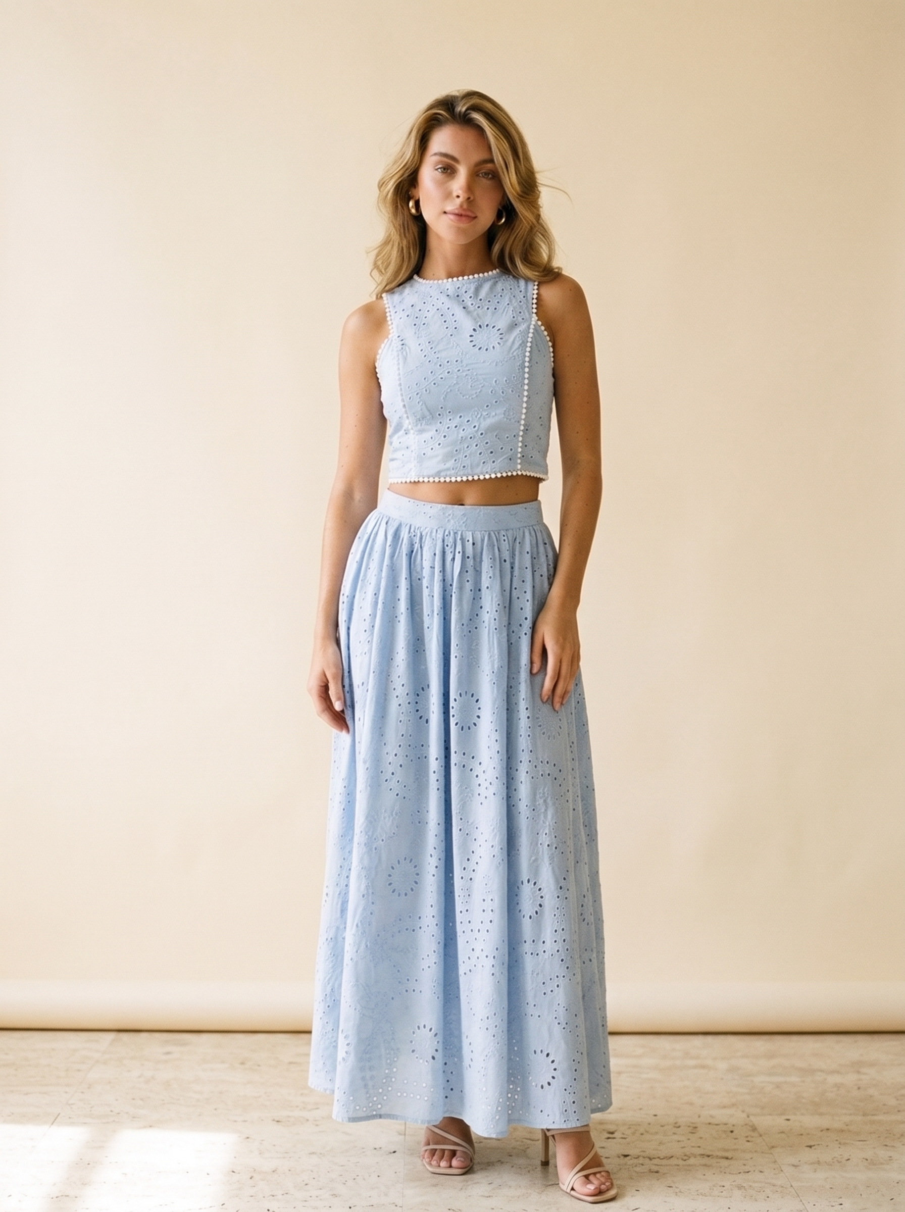 Bellagio Eyelet Crop Top and Maxi Skirt Set, front view on model