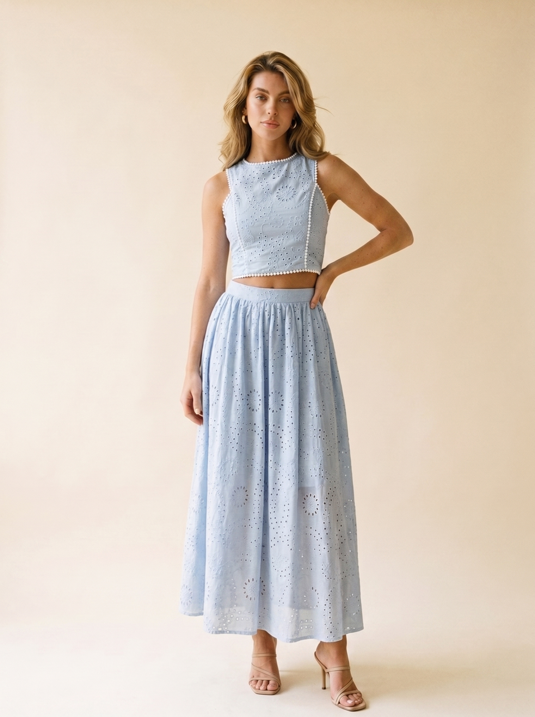 Bellagio Eyelet Crop Top and Maxi Skirt Set, front view on model