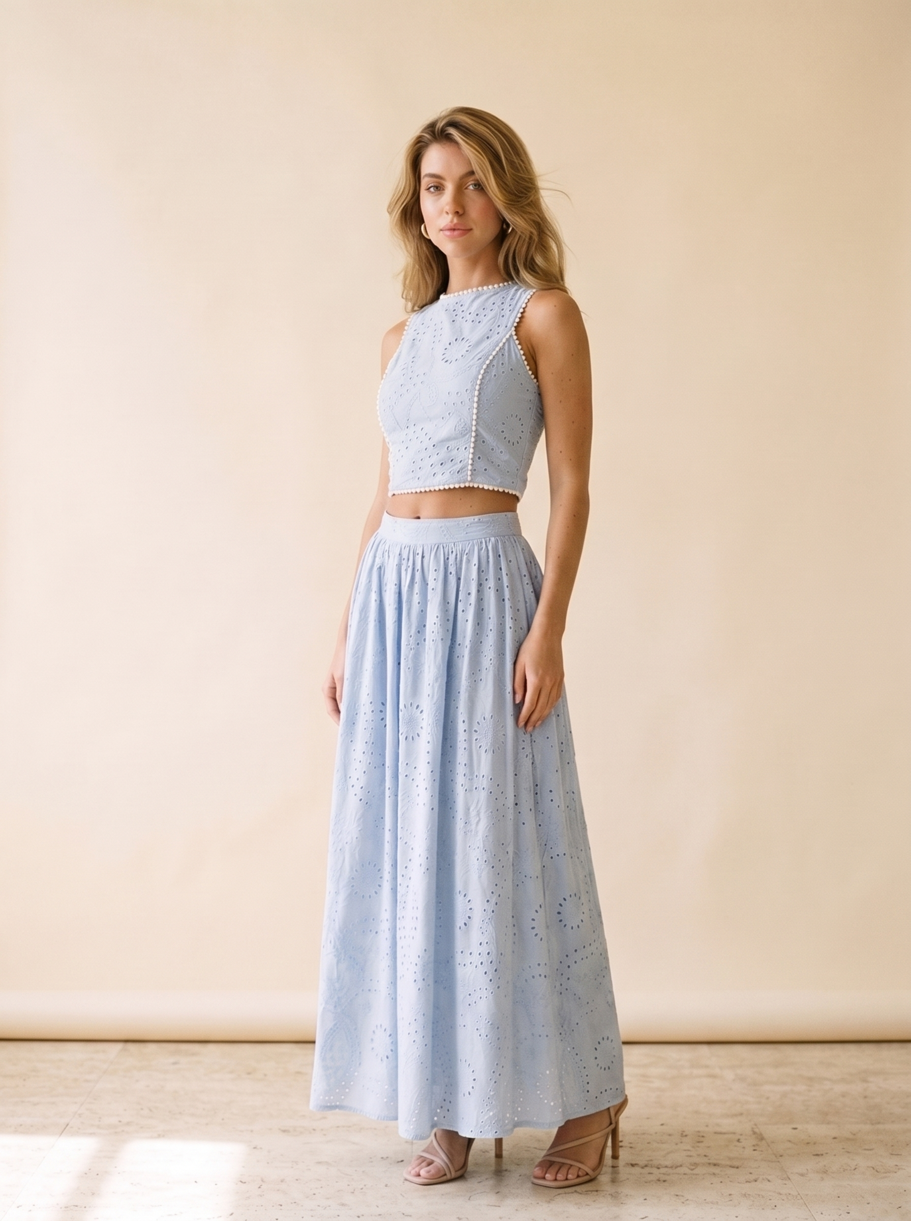 Bellagio Eyelet Crop Top and Maxi Skirt Set, side view on model