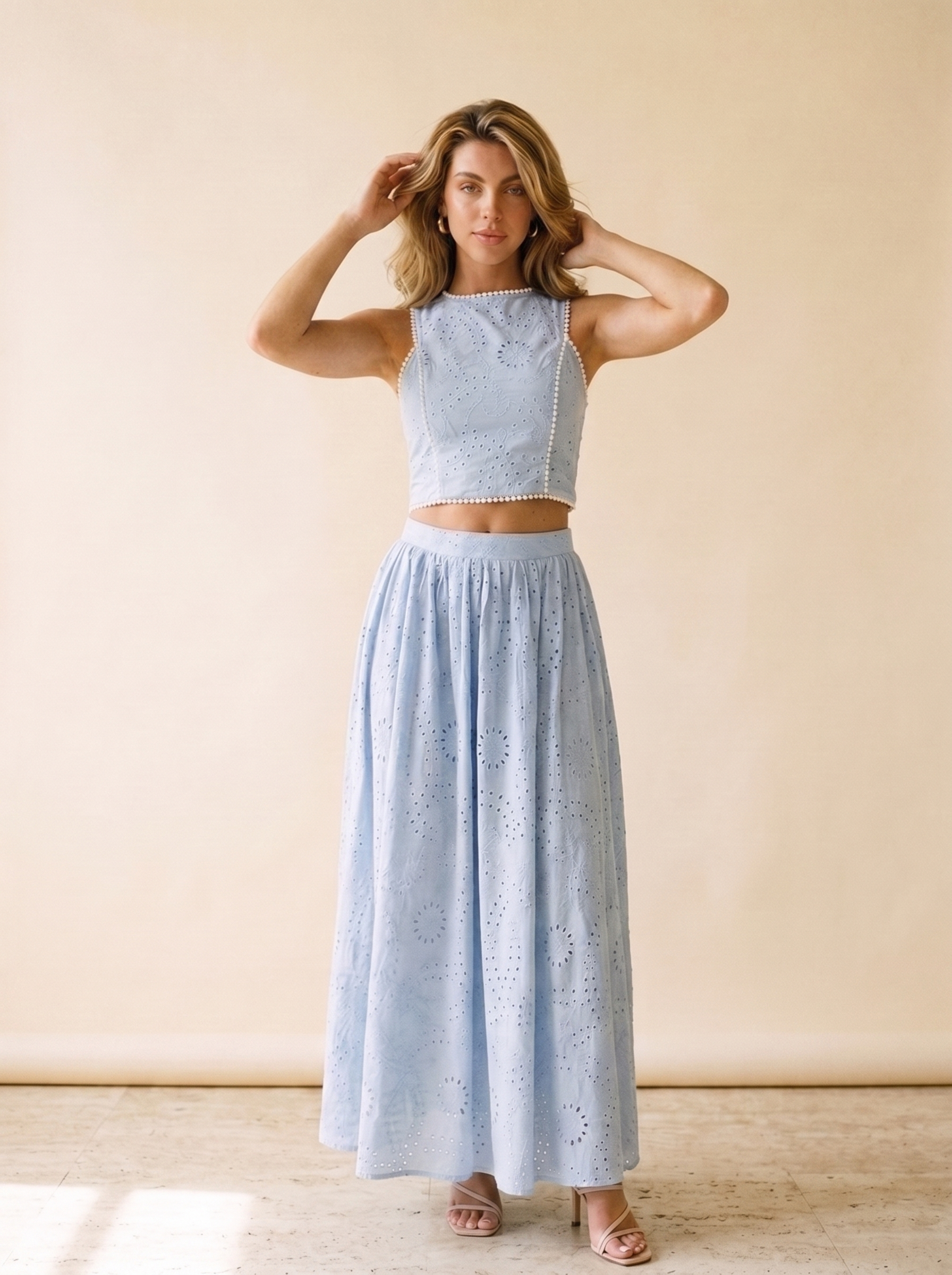 Bellagio Eyelet Crop Top and Maxi Skirt Set, front view on model