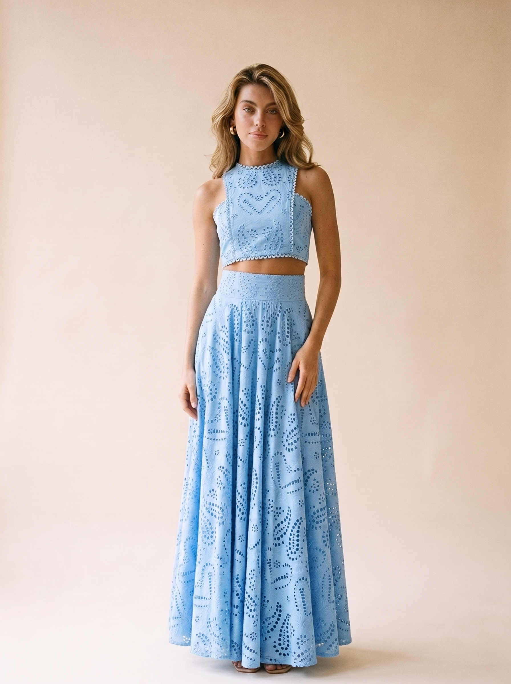 Isolde Eyelet Lace Top and Maxi Skirt Set, front view on model