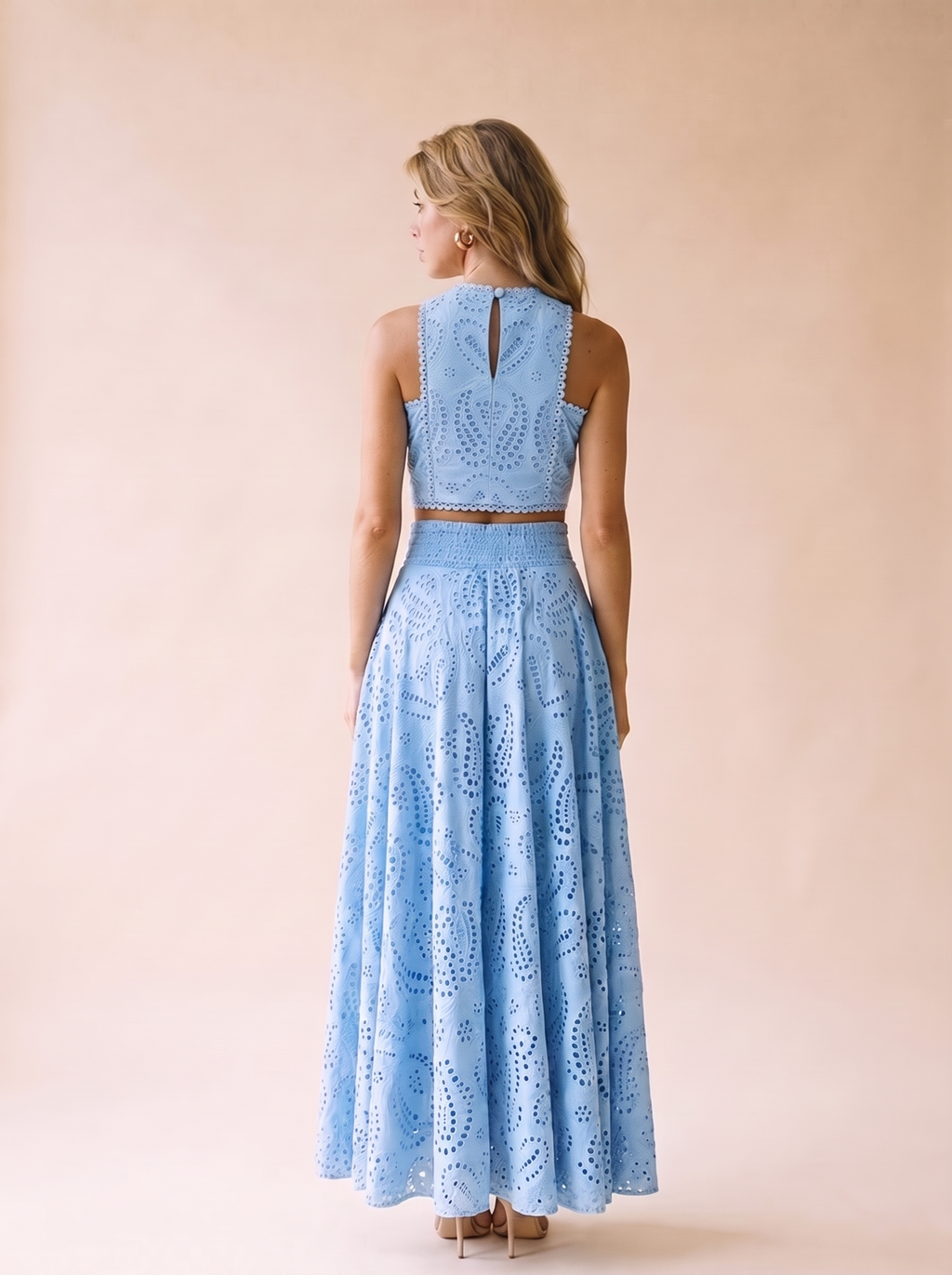 Isolde Eyelet Lace Top and Maxi Skirt Set, back view on model