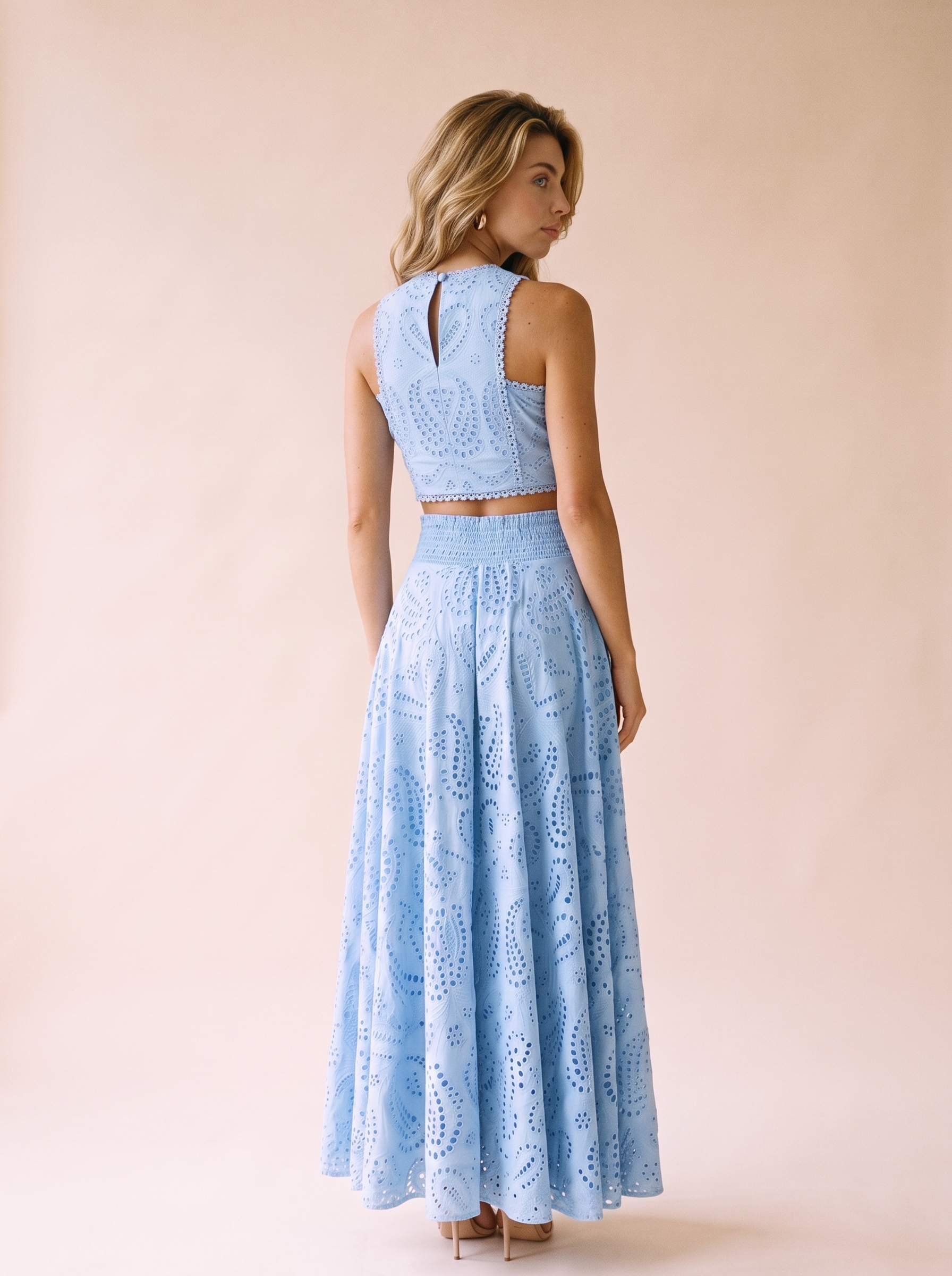 Isolde Eyelet Lace Top and Maxi Skirt Set, back view on model