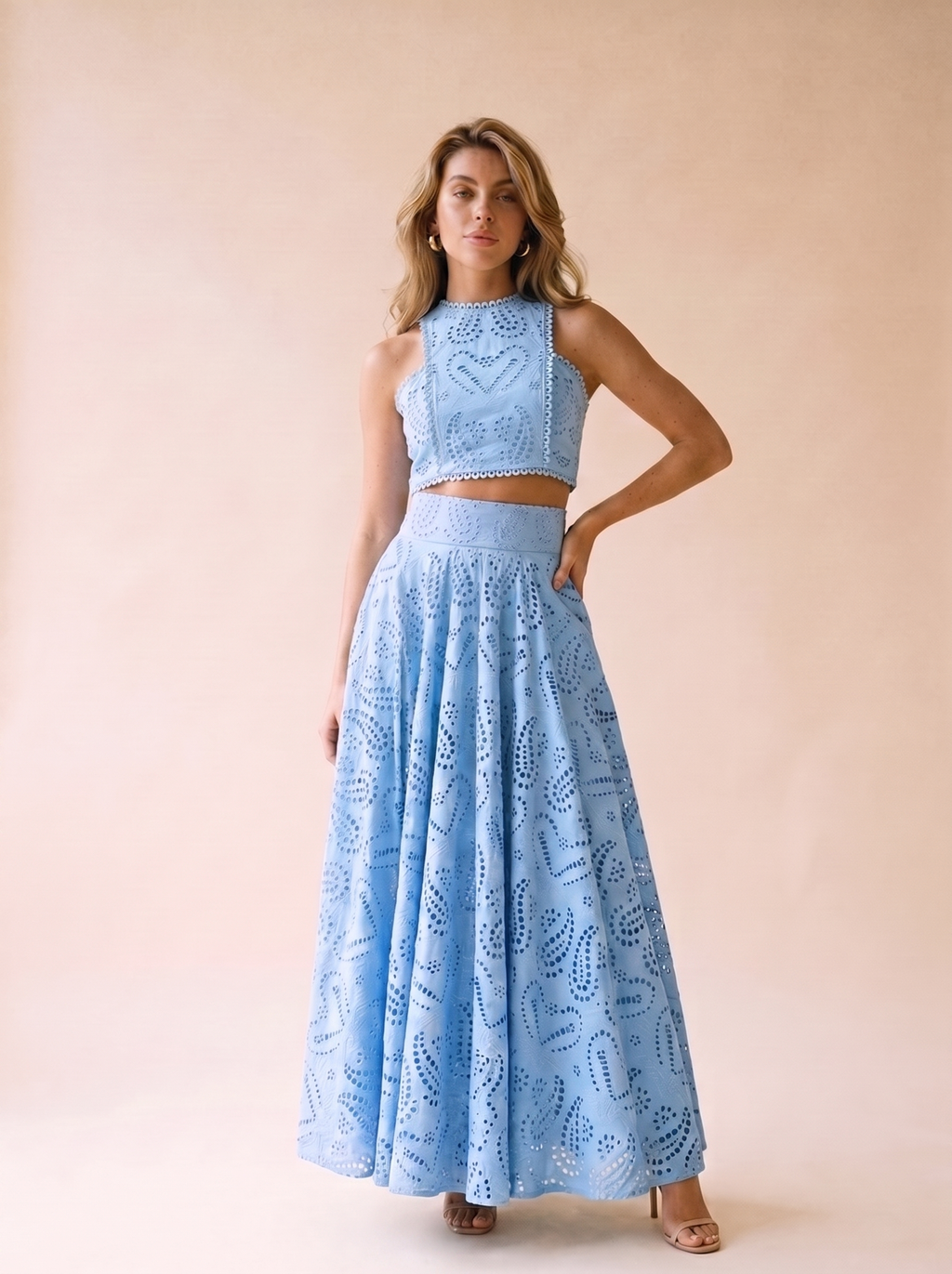 Isolde Eyelet Lace Top and Maxi Skirt Set, front view on model