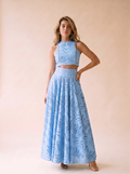 Isolde Eyelet Lace Top and Maxi Skirt Set, front view on model