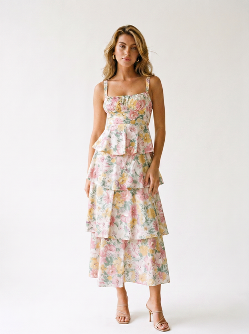 Sanremo — Floral Layered Ruffle Maxi Dress, front view