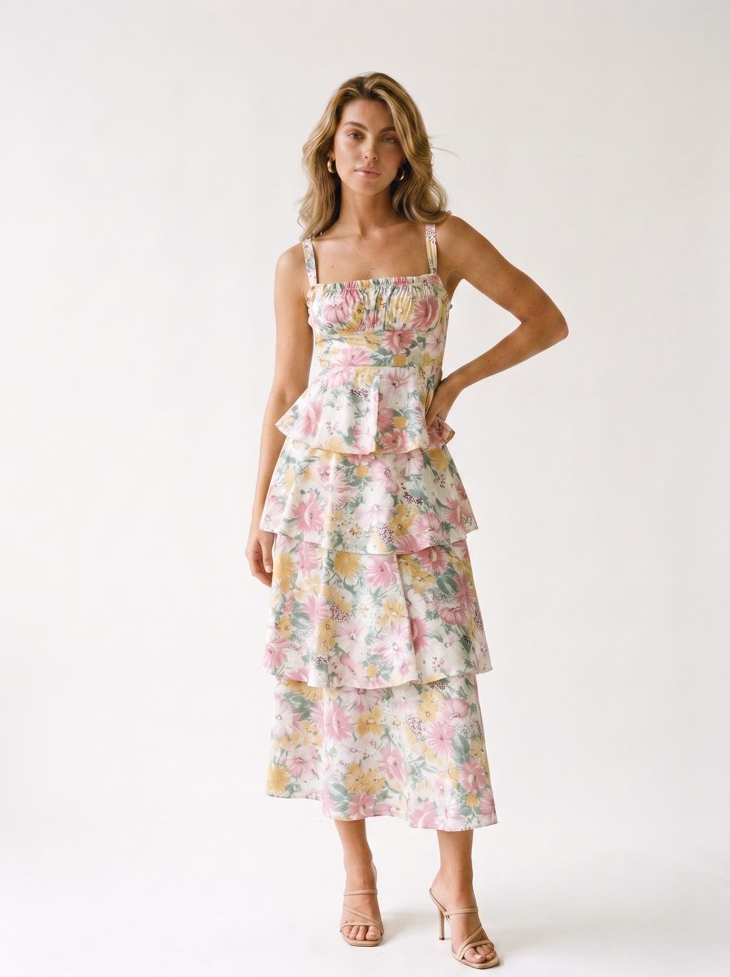 Sanremo — Floral Layered Ruffle Maxi Dress, front view, hand on hip