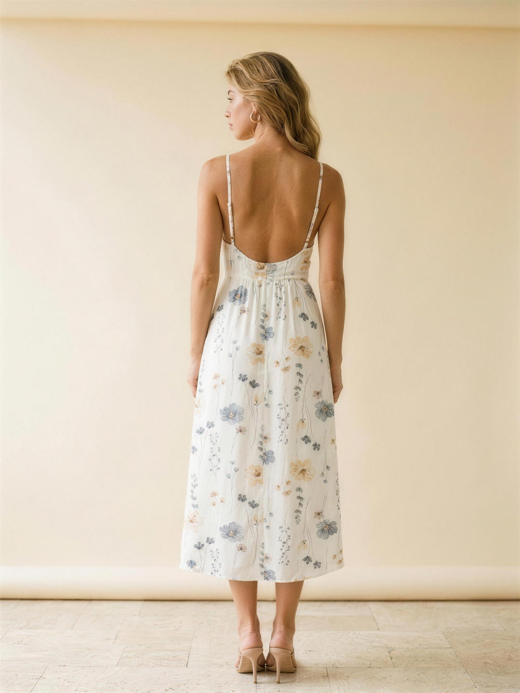 Lido Floral Print Spaghetti Strap Midi Dress, back view on model