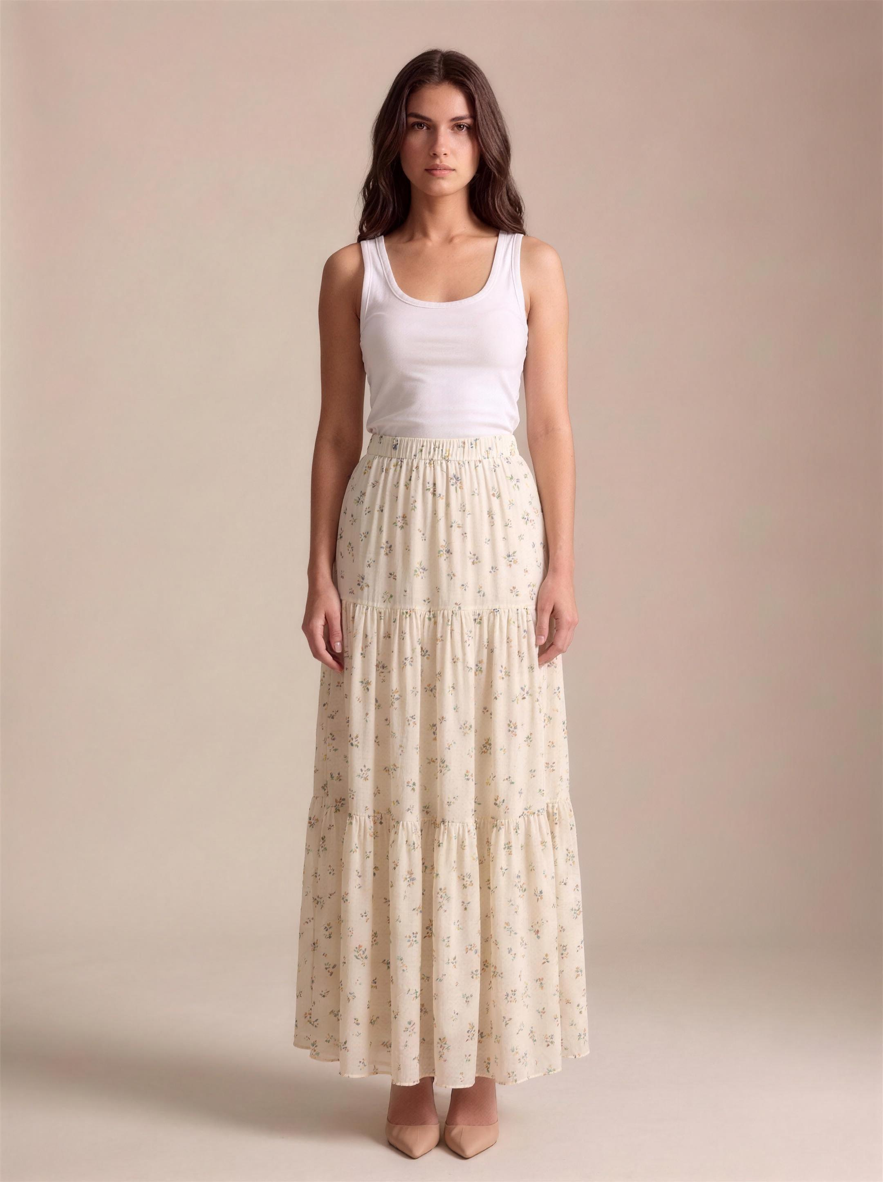 Ravello — Floral Print Tiered Flowy Maxi Skirt, front view